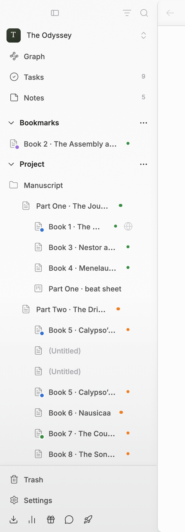 The sidebar alone. The Filter and Search icons at the top right, then the project name with Graph, Tasks, and Notes (Tasks and Notes with number badges), the Project section with its file tree, and Trash and Settings at the bottom, all in one frame.
