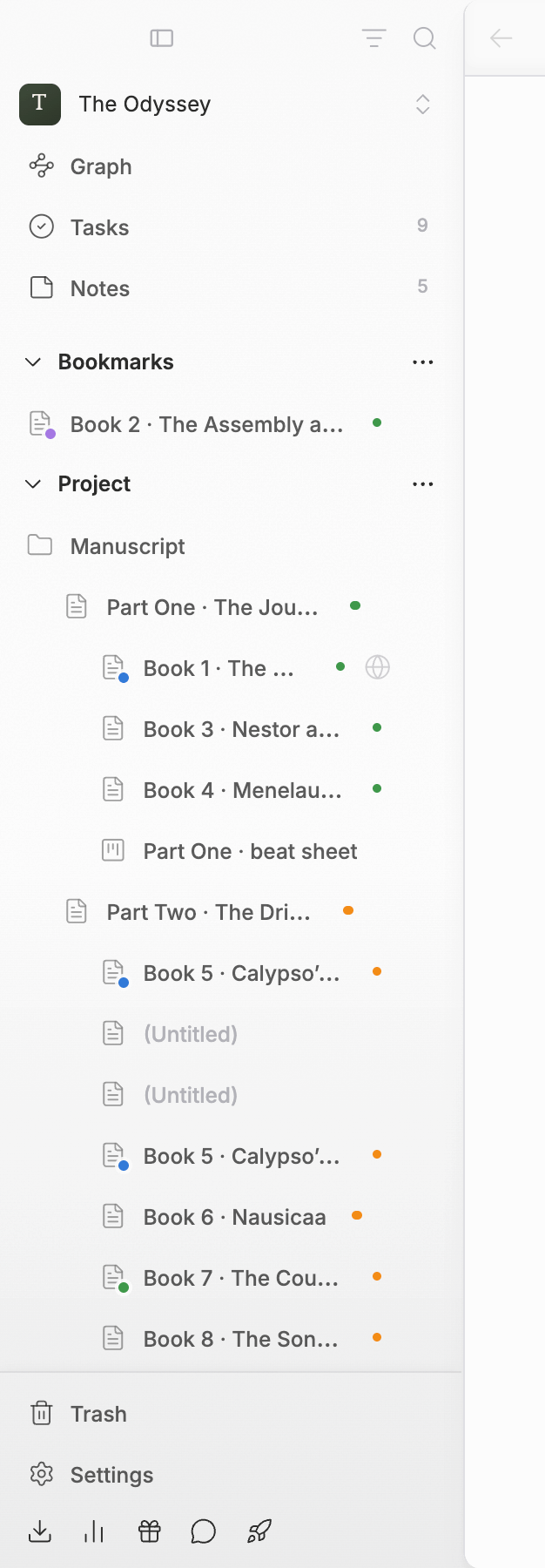 The sidebar alone. The Filter and Search icons at the top right, then the project name with Graph, Tasks, and Notes (Tasks and Notes with number badges), the Project section with its file tree, and Trash and Settings at the bottom, all in one frame.