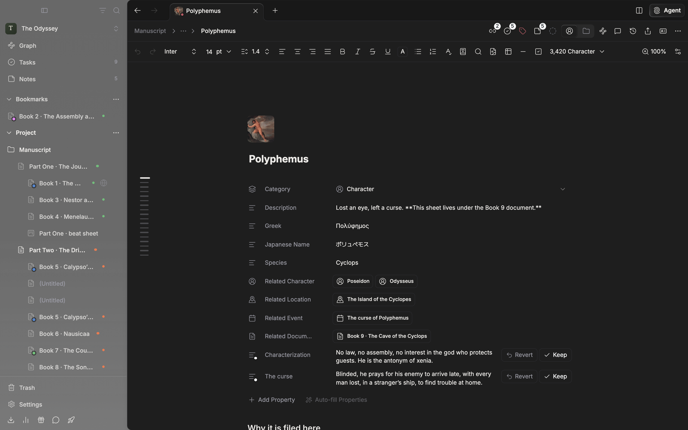A character sheet right after pressing Auto-fill Properties. Each proposed row has Revert and Keep buttons at its right end and a small dot on its type icon.