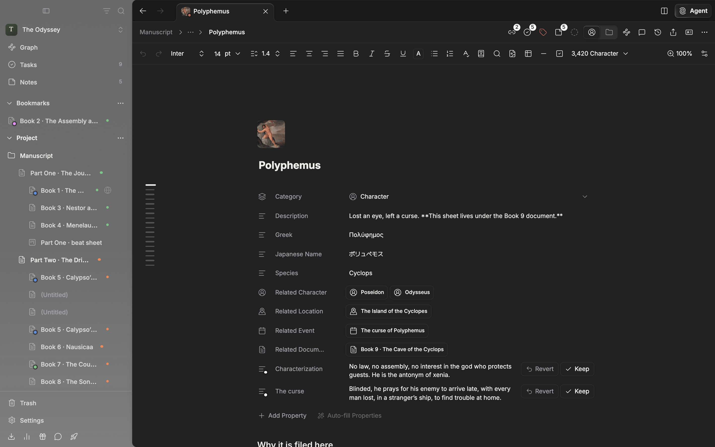 A character sheet right after pressing Auto-fill Properties. Each proposed row has Revert and Keep buttons at its right end and a small dot on its type icon.
