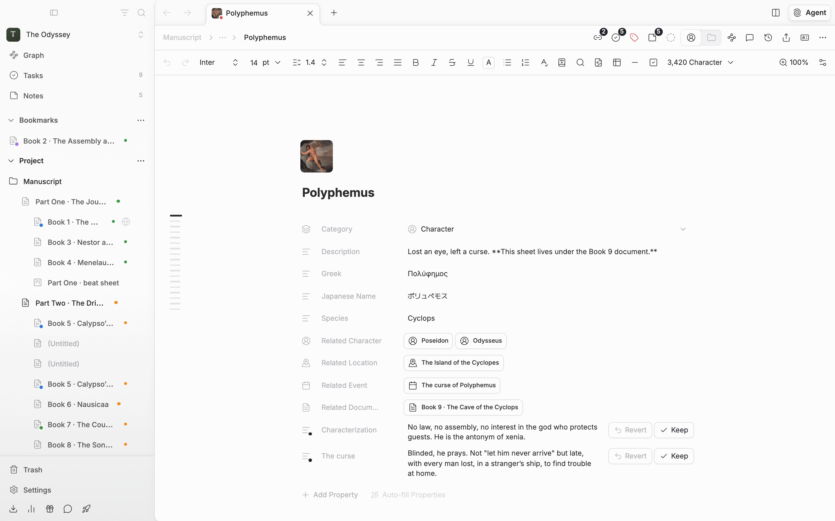 A character sheet right after pressing Auto-fill Properties. Each proposed row has Revert and Keep buttons at its right end and a small dot on its type icon.