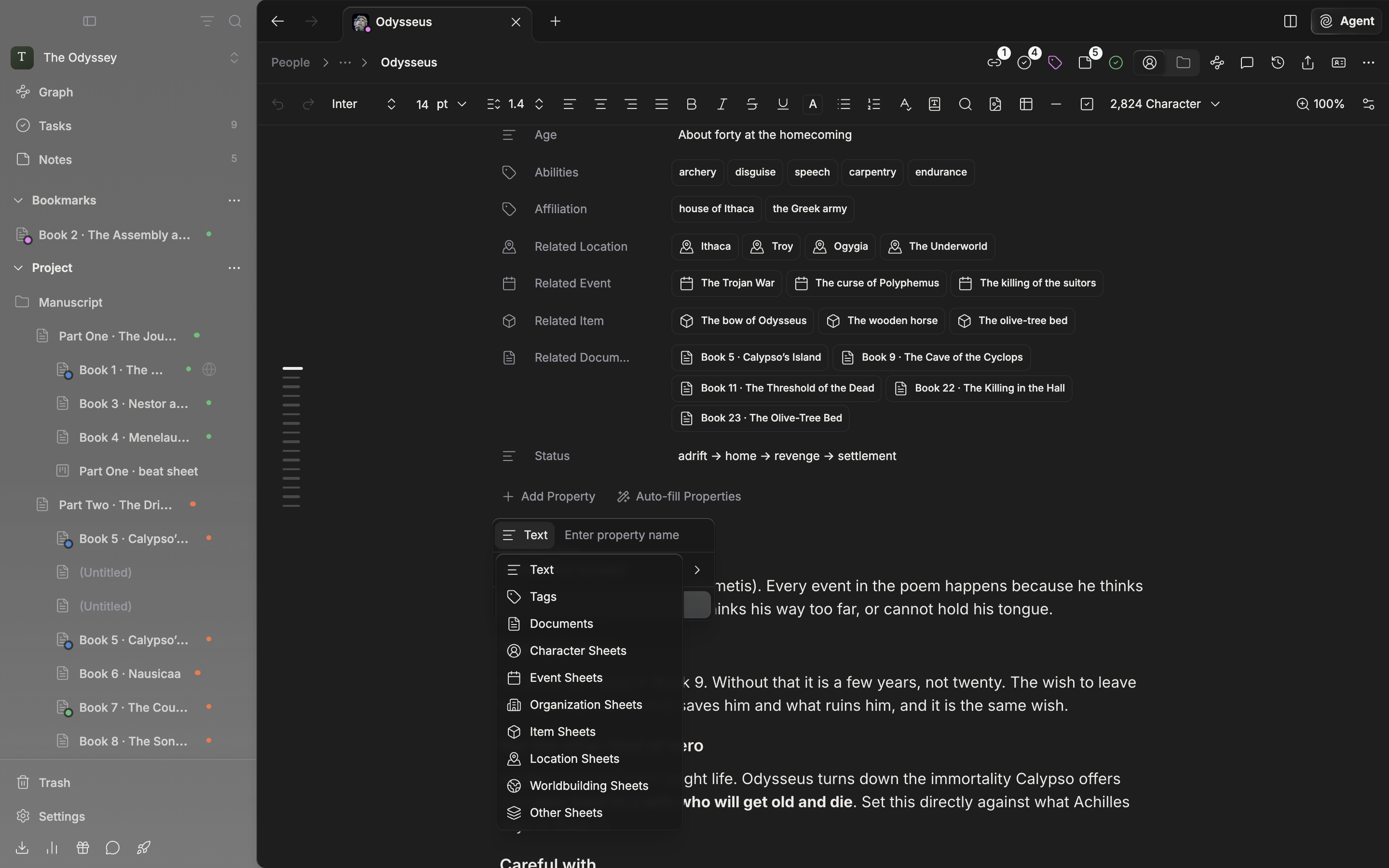 The “Add Property” dropdown is open on a character sheet, and the type button's submenu shows Text, Tags, Documents, and the per-category entries such as Character Sheets and Event Sheets.