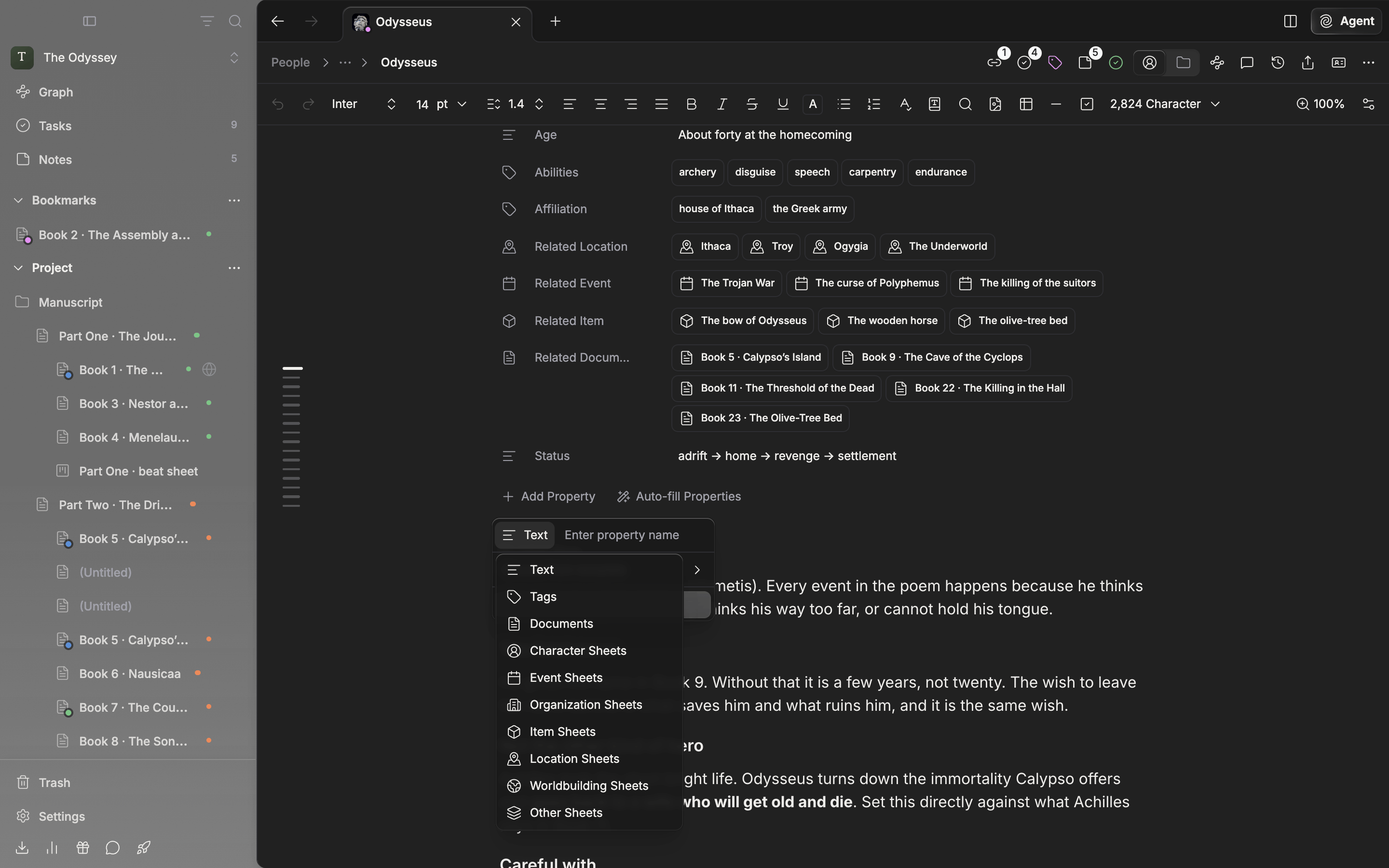 The “Add Property” dropdown is open on a character sheet, and the type button's submenu shows Text, Tags, Documents, and the per-category entries such as Character Sheets and Event Sheets.