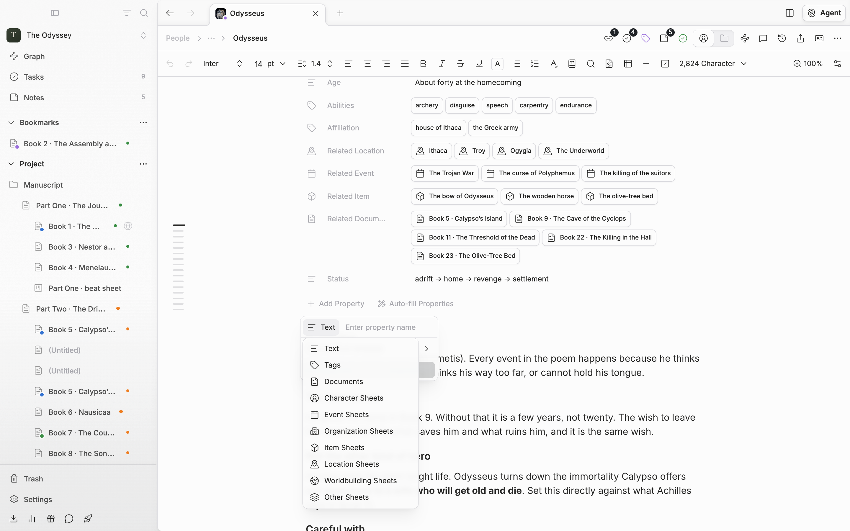 The “Add Property” dropdown is open on a character sheet, and the type button's submenu shows Text, Tags, Documents, and the per-category entries such as Character Sheets and Event Sheets.