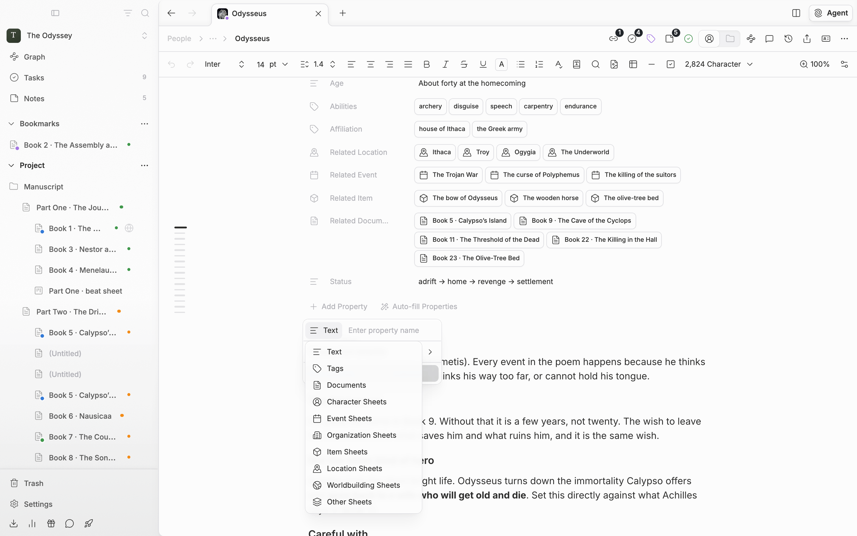The “Add Property” dropdown is open on a character sheet, and the type button's submenu shows Text, Tags, Documents, and the per-category entries such as Character Sheets and Event Sheets.