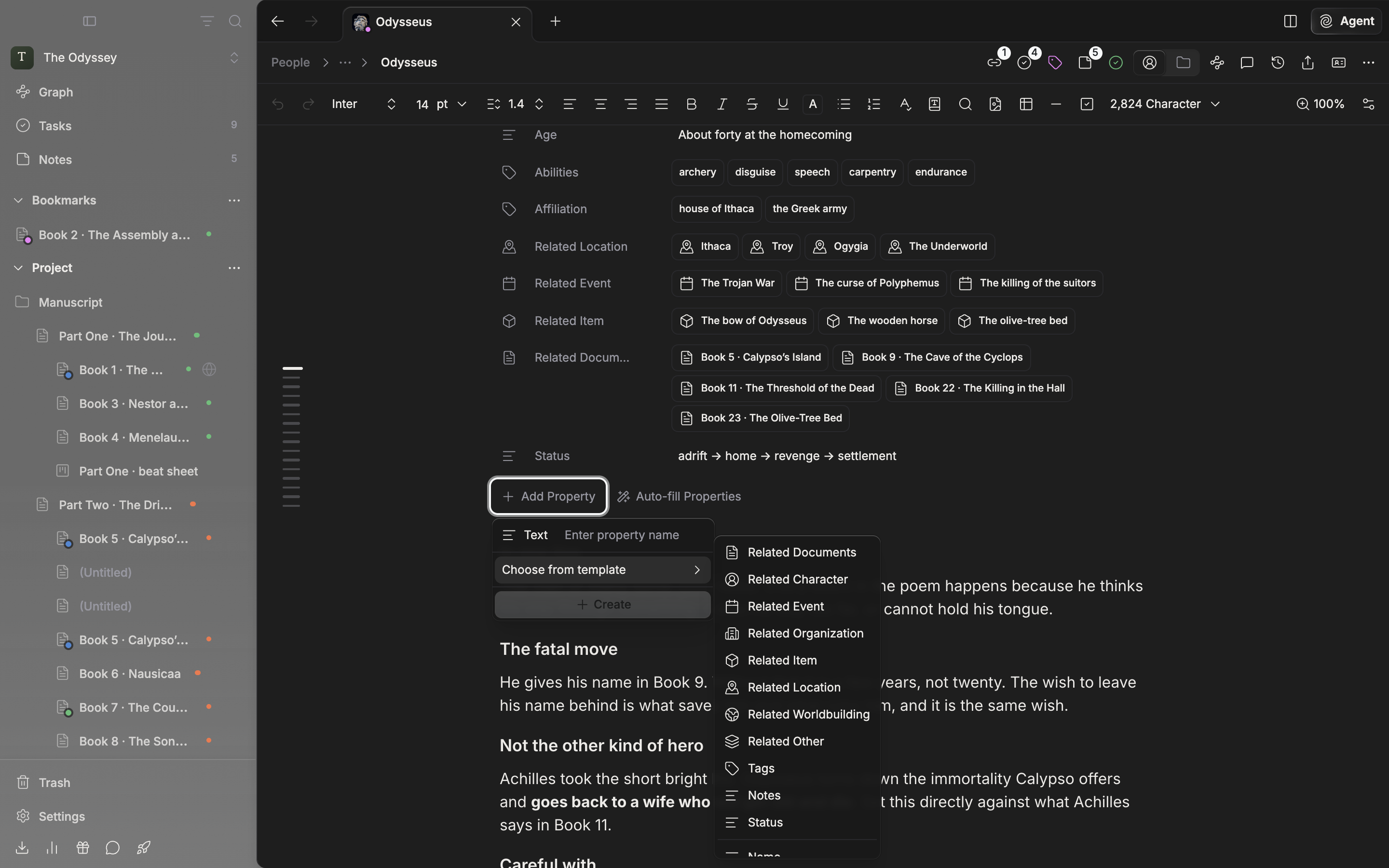 Inside “Add Property”, the “Choose from template” submenu is expanded, showing Related Documents, Related Character, Tags, Notes, and Status, with Name, English Name, Hanja Name, and the rest below them.