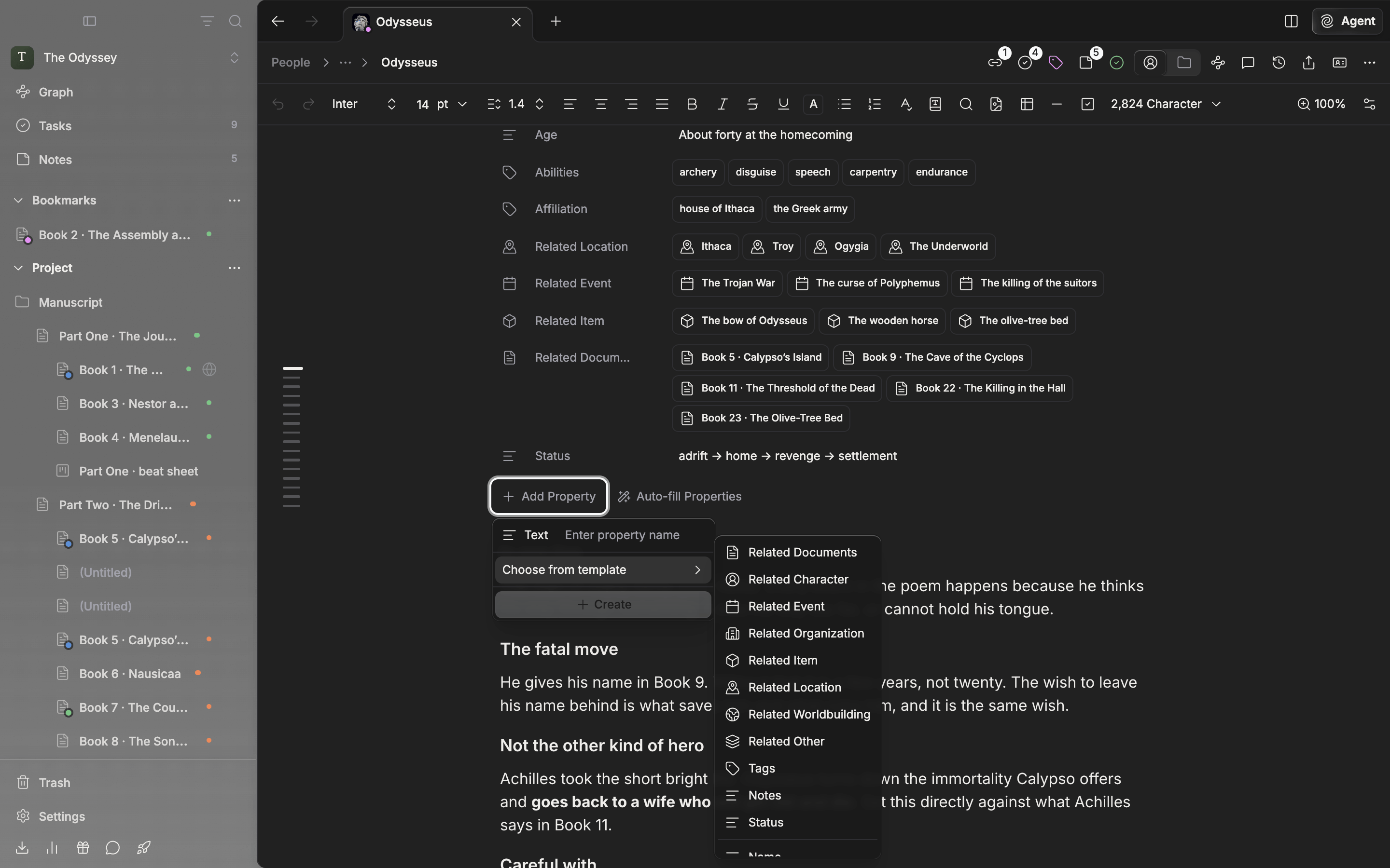 Inside “Add Property”, the “Choose from template” submenu is expanded, showing Related Documents, Related Character, Tags, Notes, and Status, with Name, English Name, Hanja Name, and the rest below them.