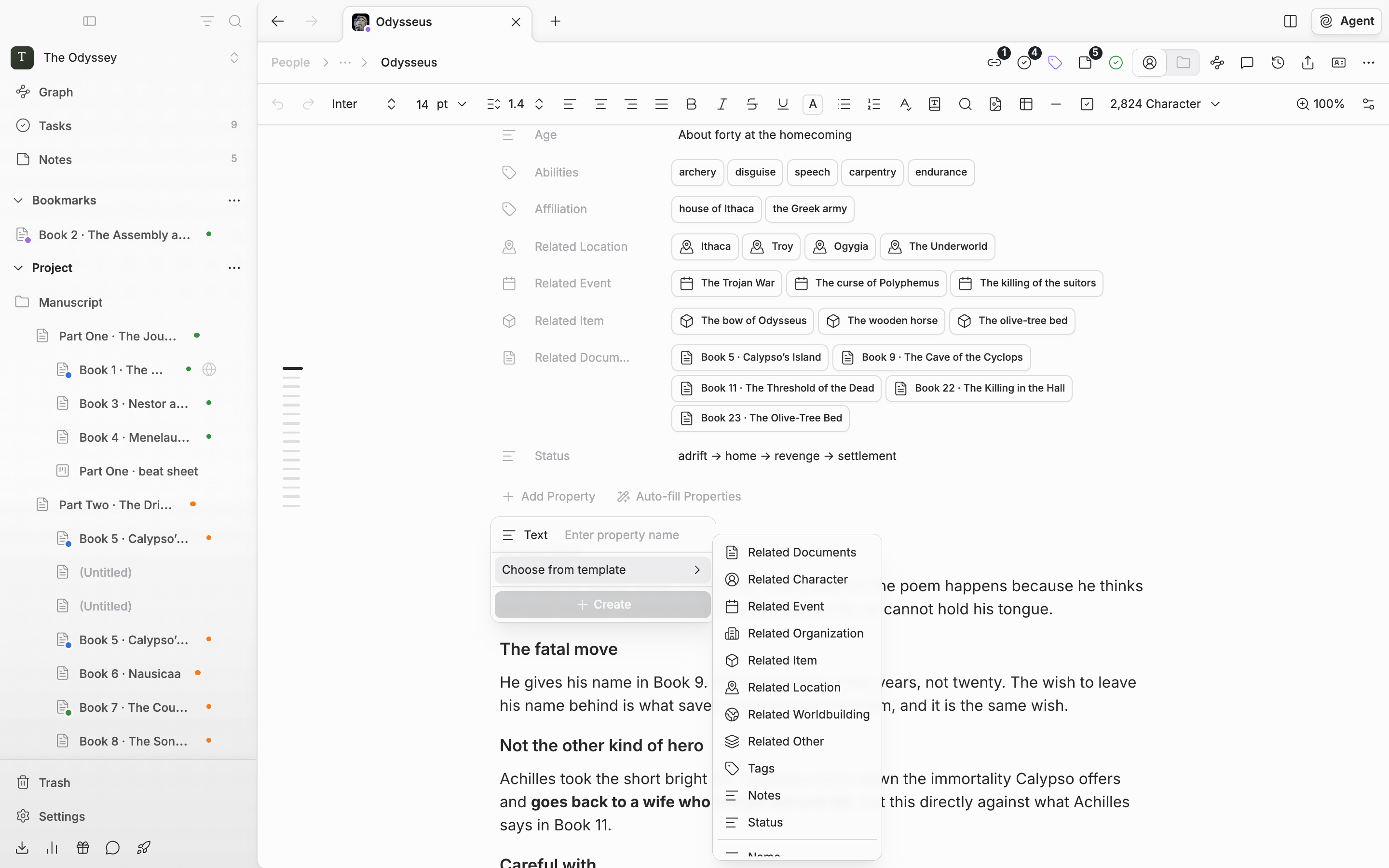 Inside “Add Property”, the “Choose from template” submenu is expanded, showing Related Documents, Related Character, Tags, Notes, and Status, with Name, English Name, Hanja Name, and the rest below them.