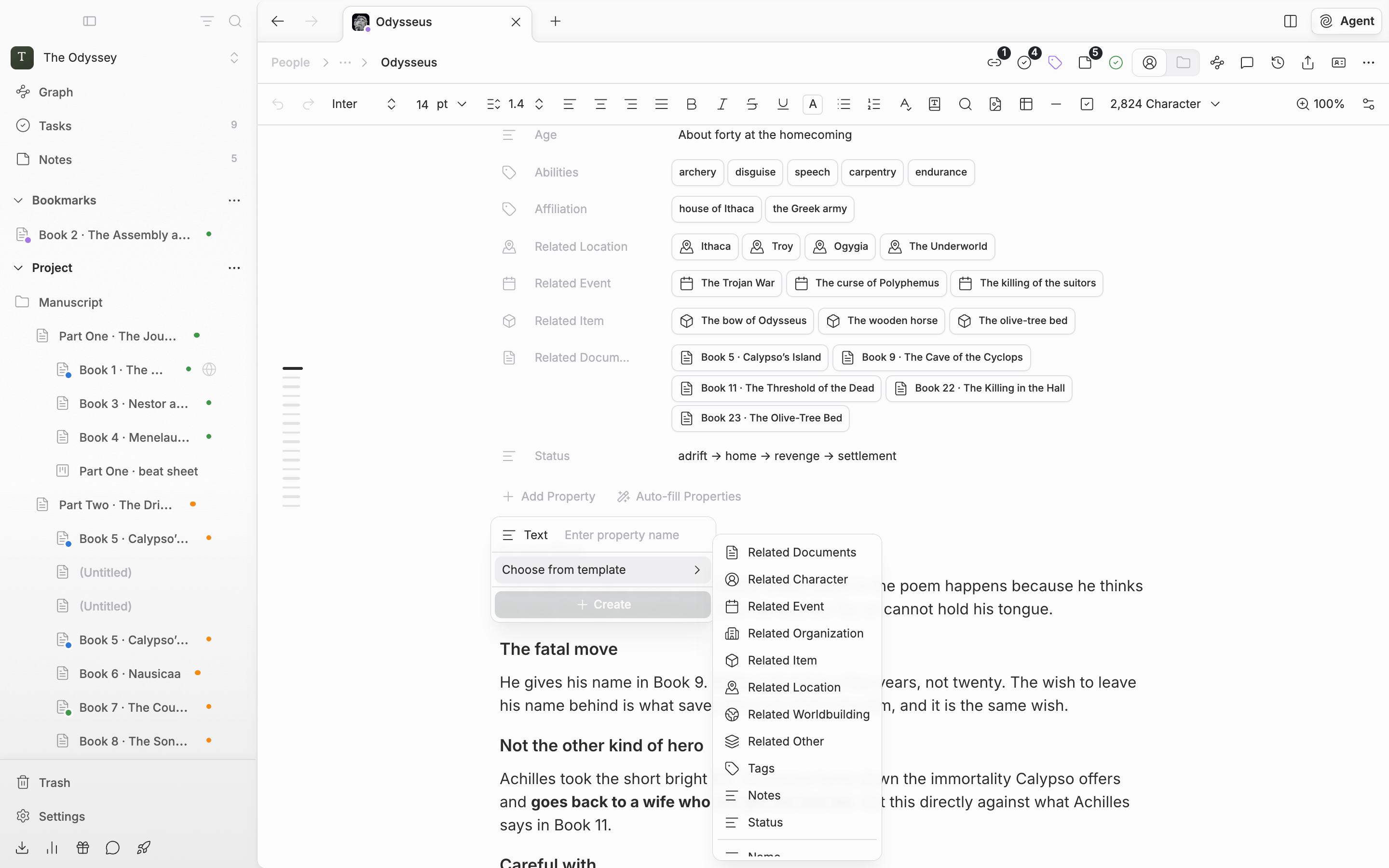 Inside “Add Property”, the “Choose from template” submenu is expanded, showing Related Documents, Related Character, Tags, Notes, and Status, with Name, English Name, Hanja Name, and the rest below them.