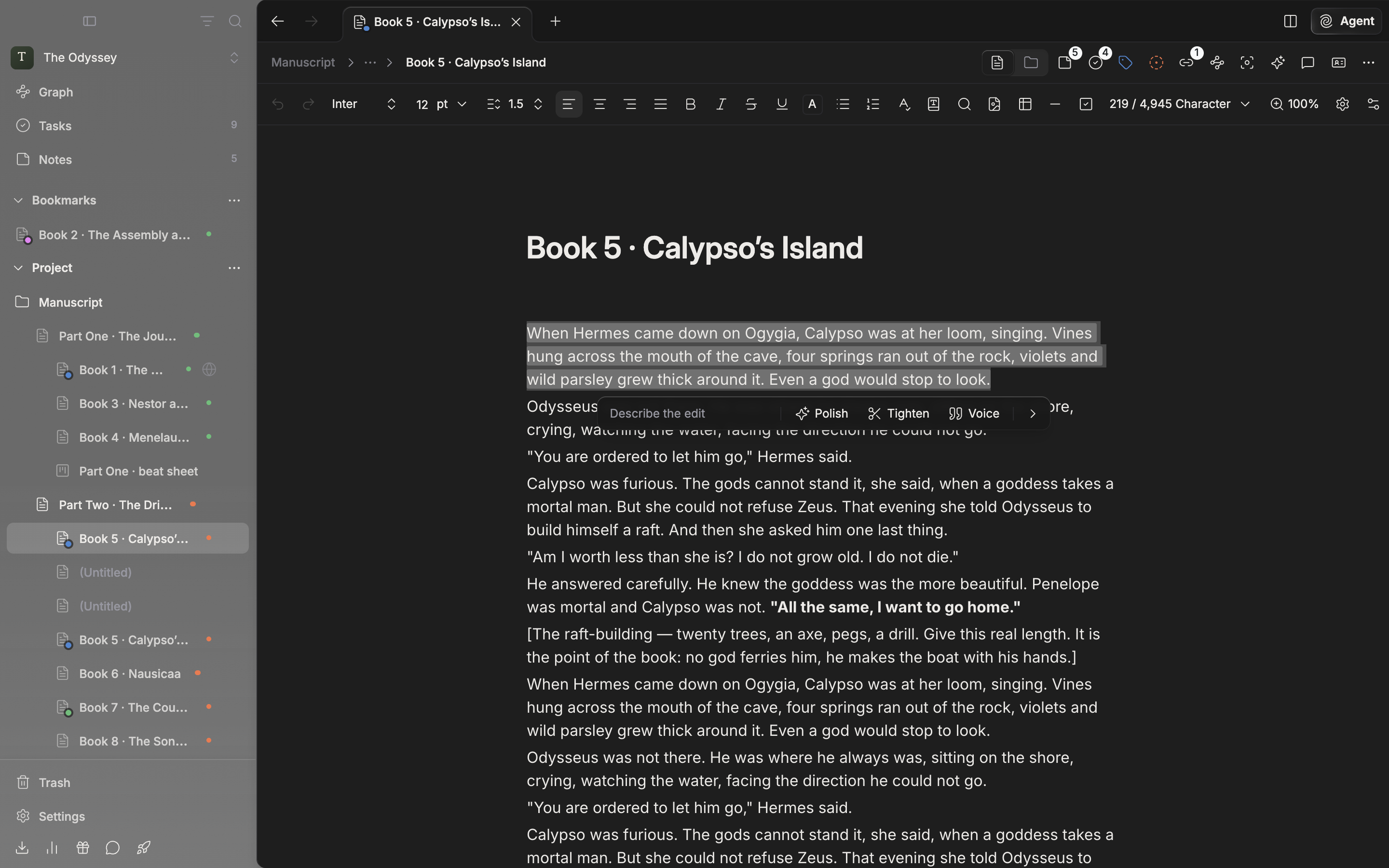Paragraphs selected in a manuscript, with the rewrite bar open below the selection after pressing Rewrite with AI. The input field and the Polish, Tighten, and Voice buttons are visible, and the selected text is lightly tinted.