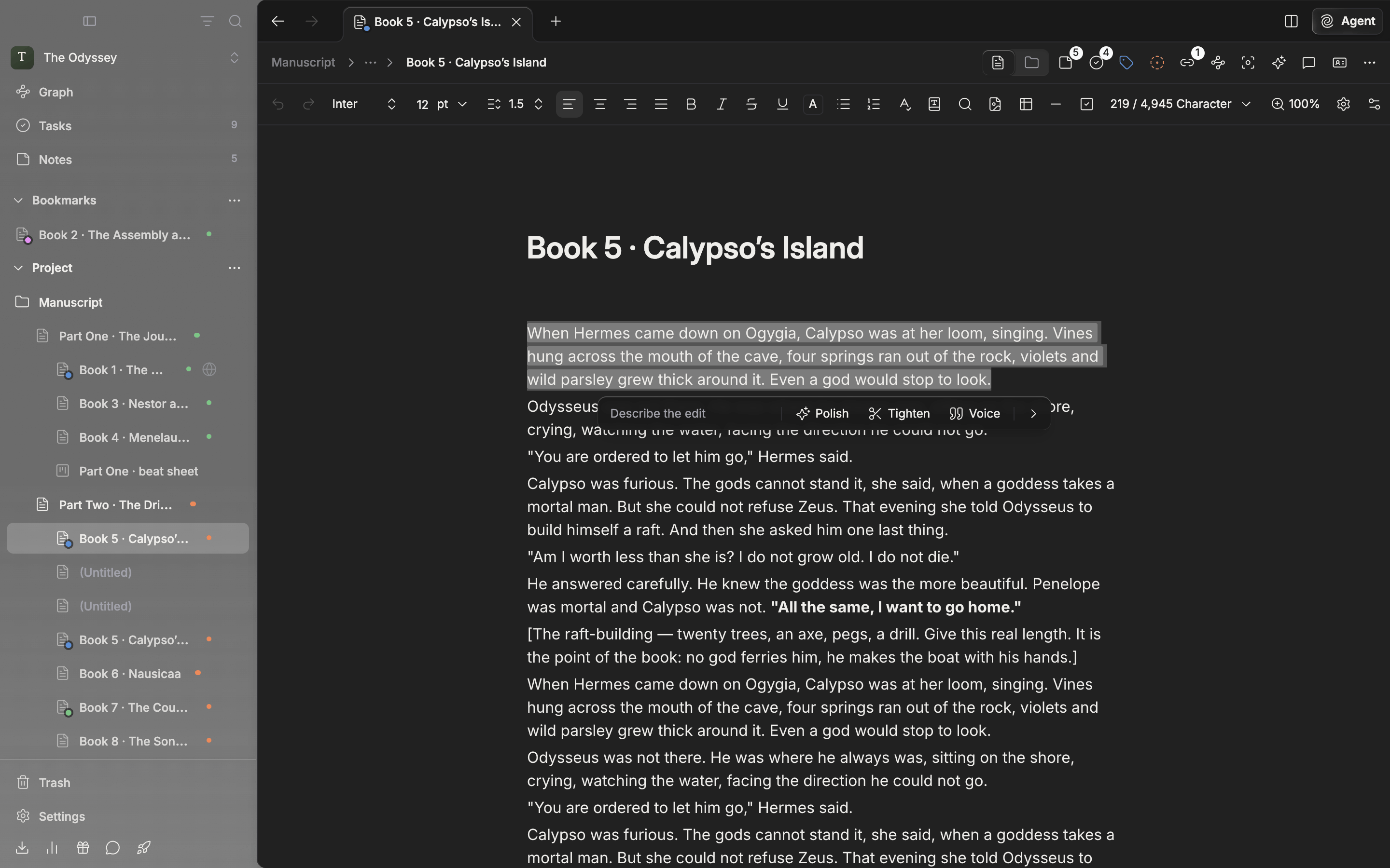 Paragraphs selected in a manuscript, with the rewrite bar open below the selection after pressing Rewrite with AI. The input field and the Polish, Tighten, and Voice buttons are visible, and the selected text is lightly tinted.
