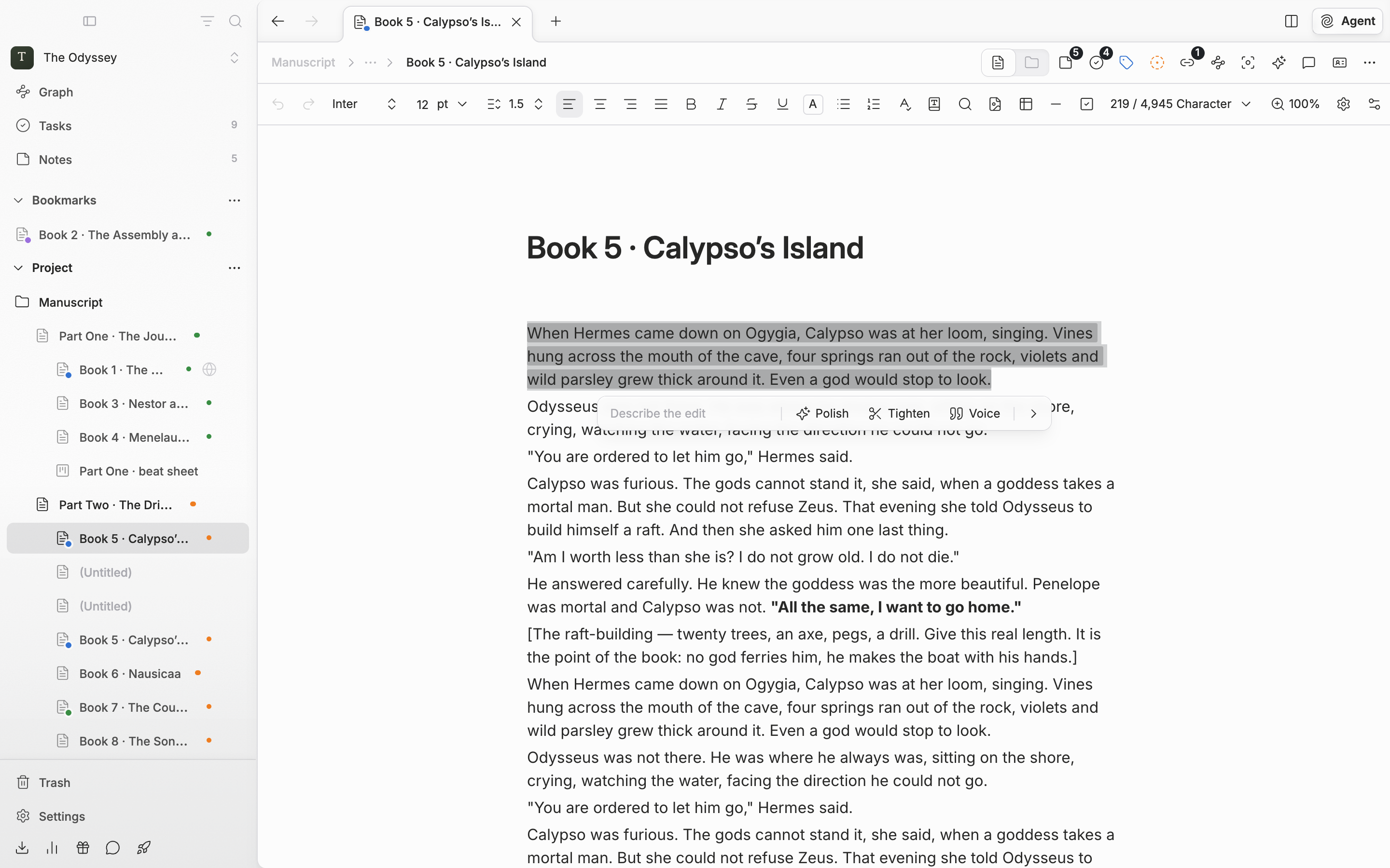 Paragraphs selected in a manuscript, with the rewrite bar open below the selection after pressing Rewrite with AI. The input field and the Polish, Tighten, and Voice buttons are visible, and the selected text is lightly tinted.
