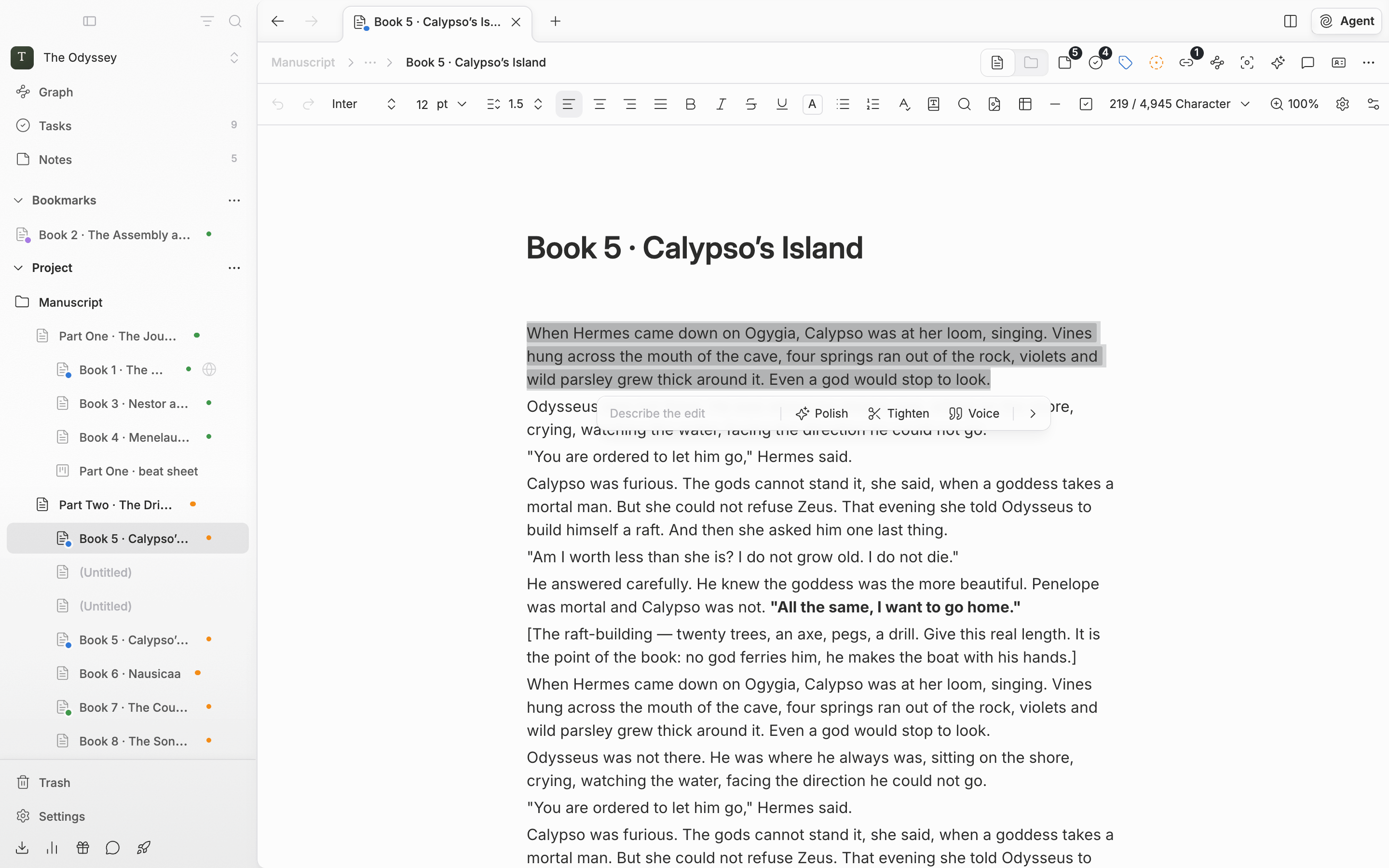 Paragraphs selected in a manuscript, with the rewrite bar open below the selection after pressing Rewrite with AI. The input field and the Polish, Tighten, and Voice buttons are visible, and the selected text is lightly tinted.