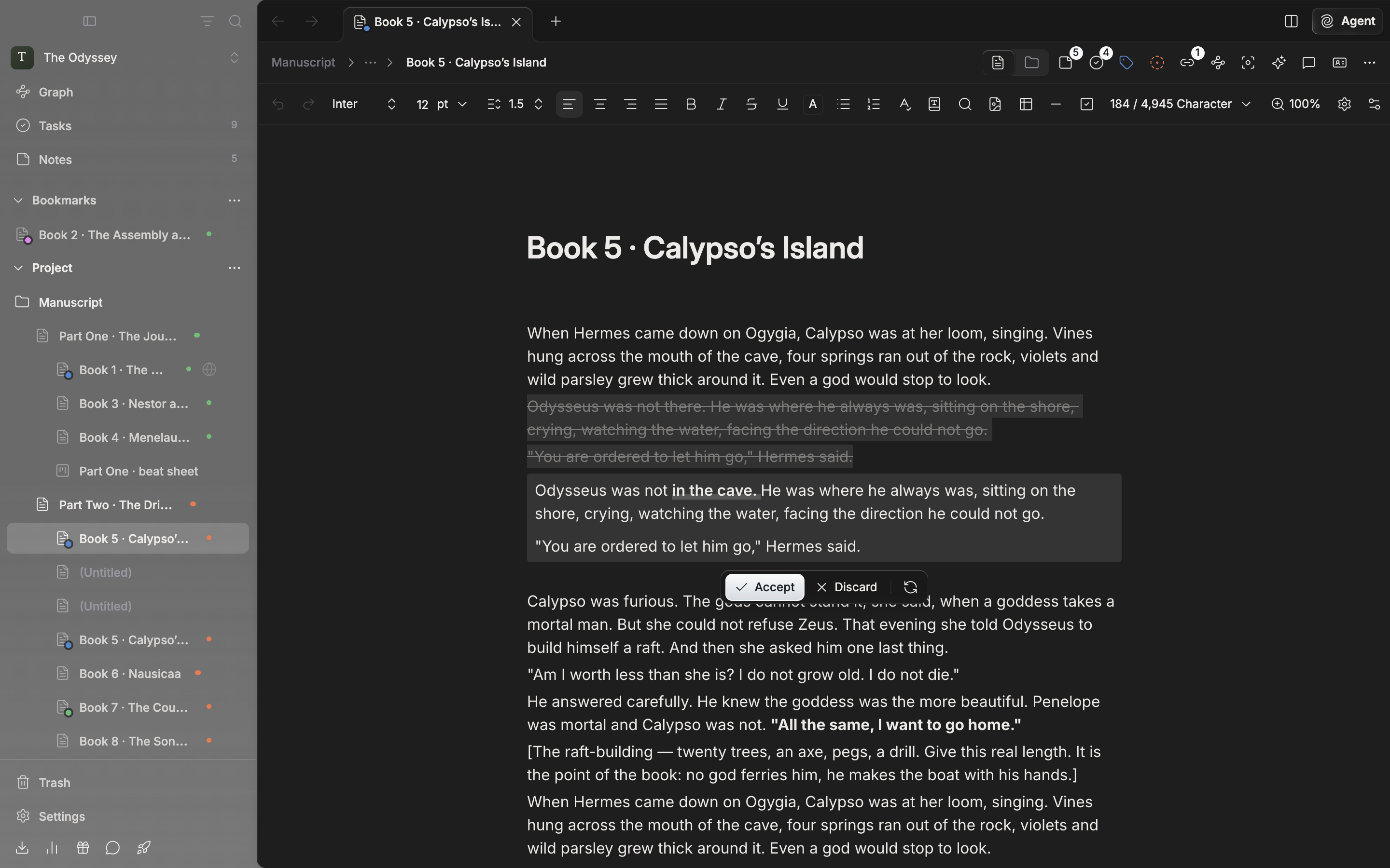 The result of a Polish run. The original paragraphs are struck through, the new version sits in a tinted box below with changed words bold and underlined, and the bar shows Accept, Discard, and Try again.