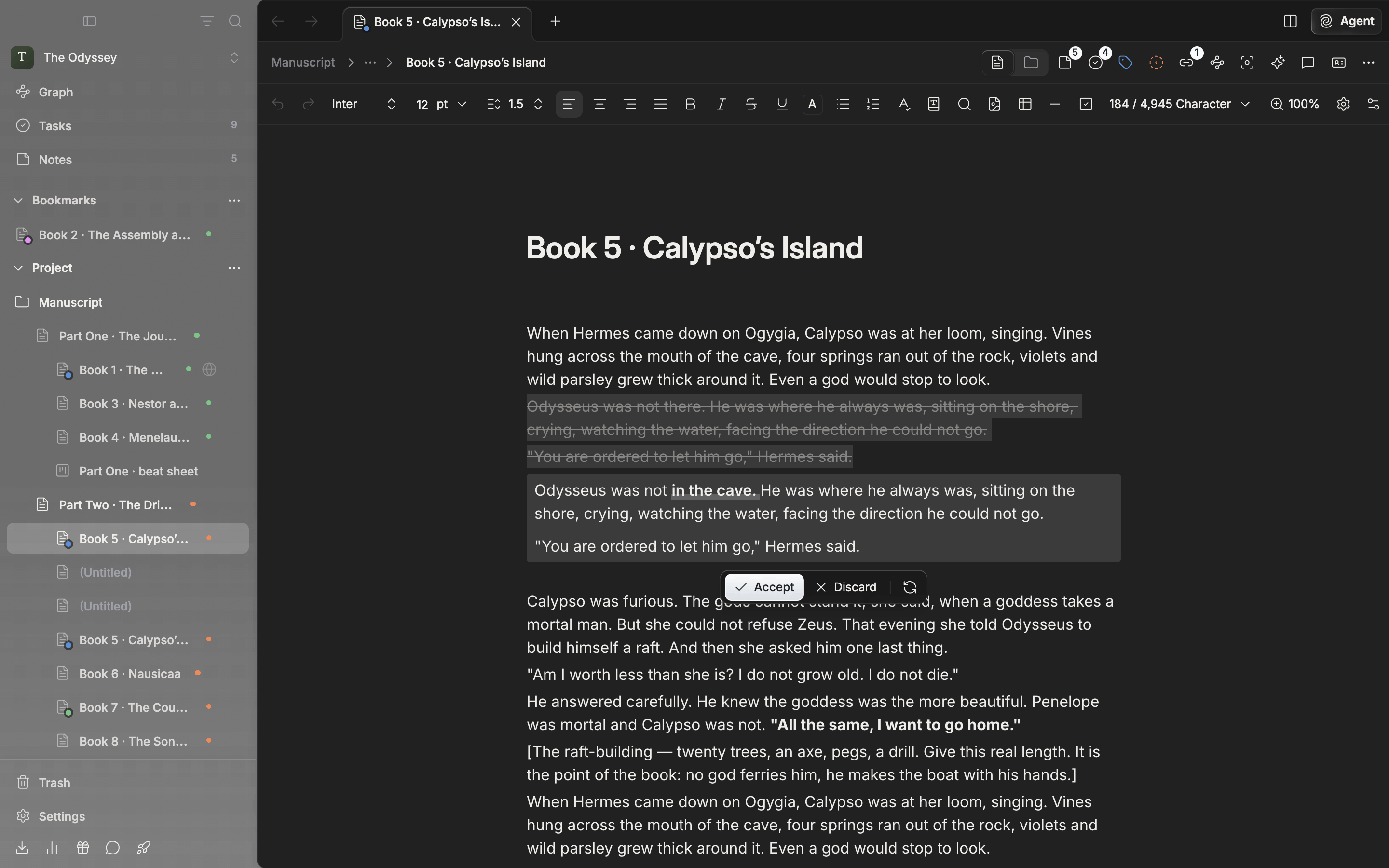 The result of a Polish run. The original paragraphs are struck through, the new version sits in a tinted box below with changed words bold and underlined, and the bar shows Accept, Discard, and Try again.