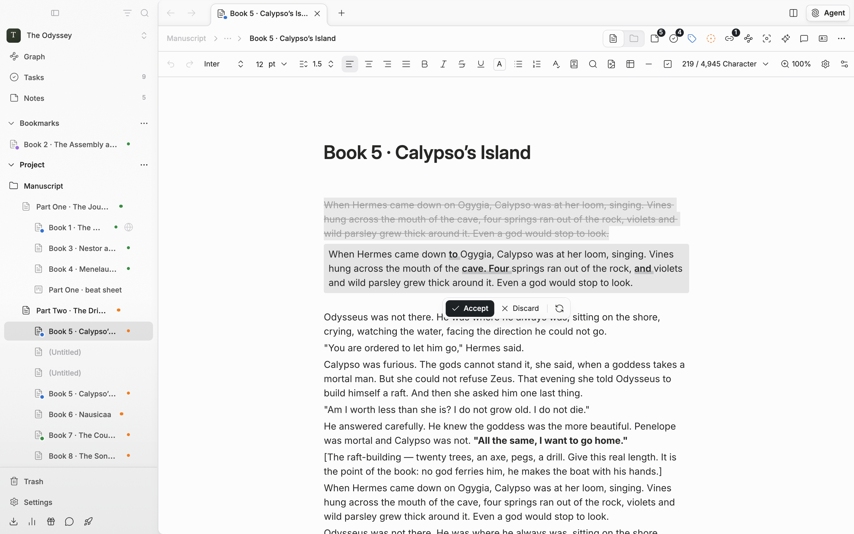 The result of a Polish run. The original paragraphs are struck through, the new version sits in a tinted box below with changed words bold and underlined, and the bar shows Accept, Discard, and Try again.