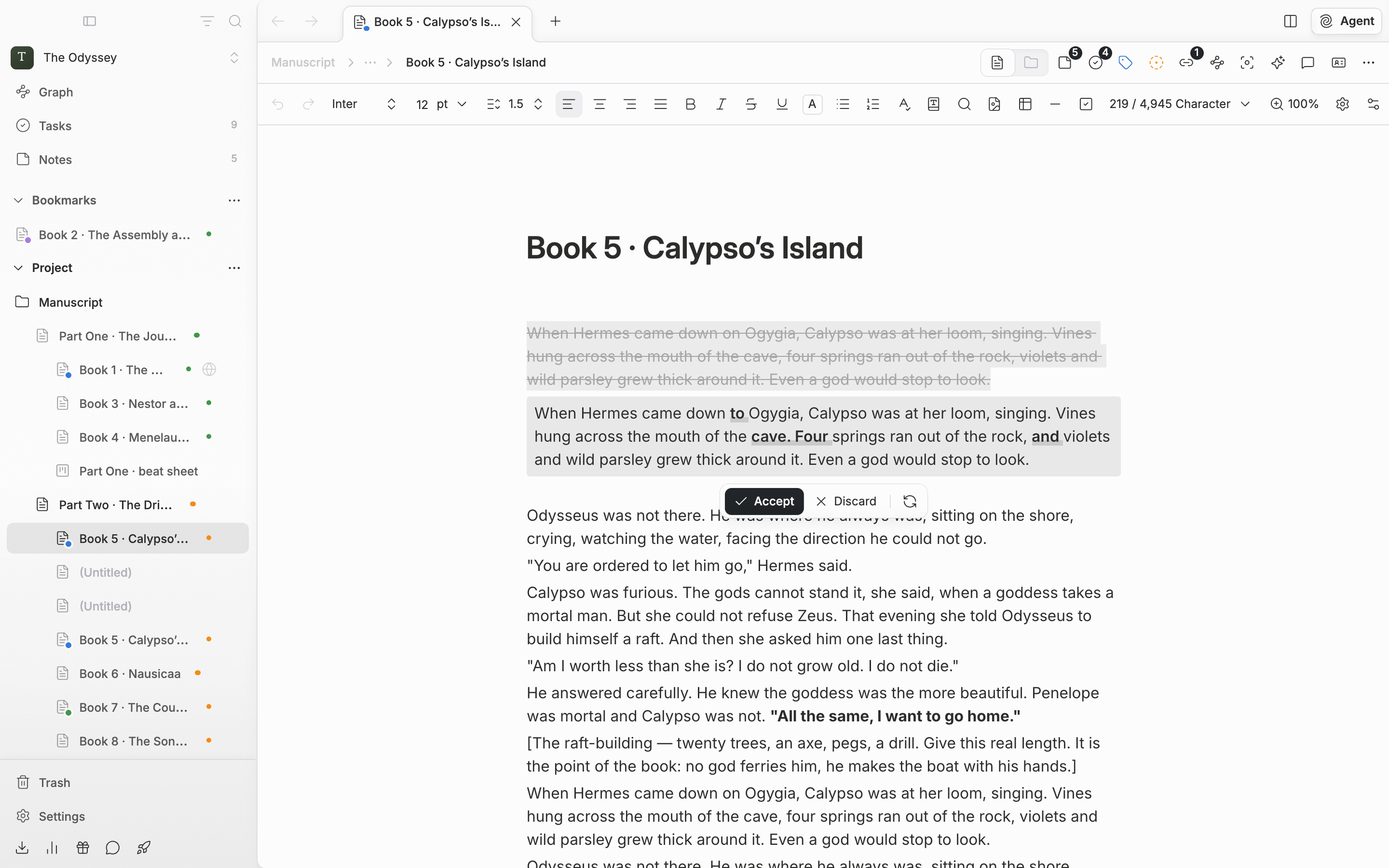 The result of a Polish run. The original paragraphs are struck through, the new version sits in a tinted box below with changed words bold and underlined, and the bar shows Accept, Discard, and Try again.