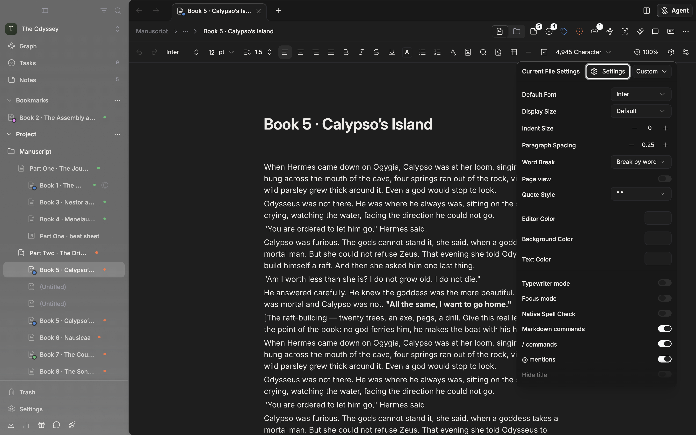 A document with a manuscript in it, the Current File Settings popover opened from the gear button on the toolbar. The Settings button and the preset dropdown sit side by side at the top, with the Default Font and Display Size rows below.