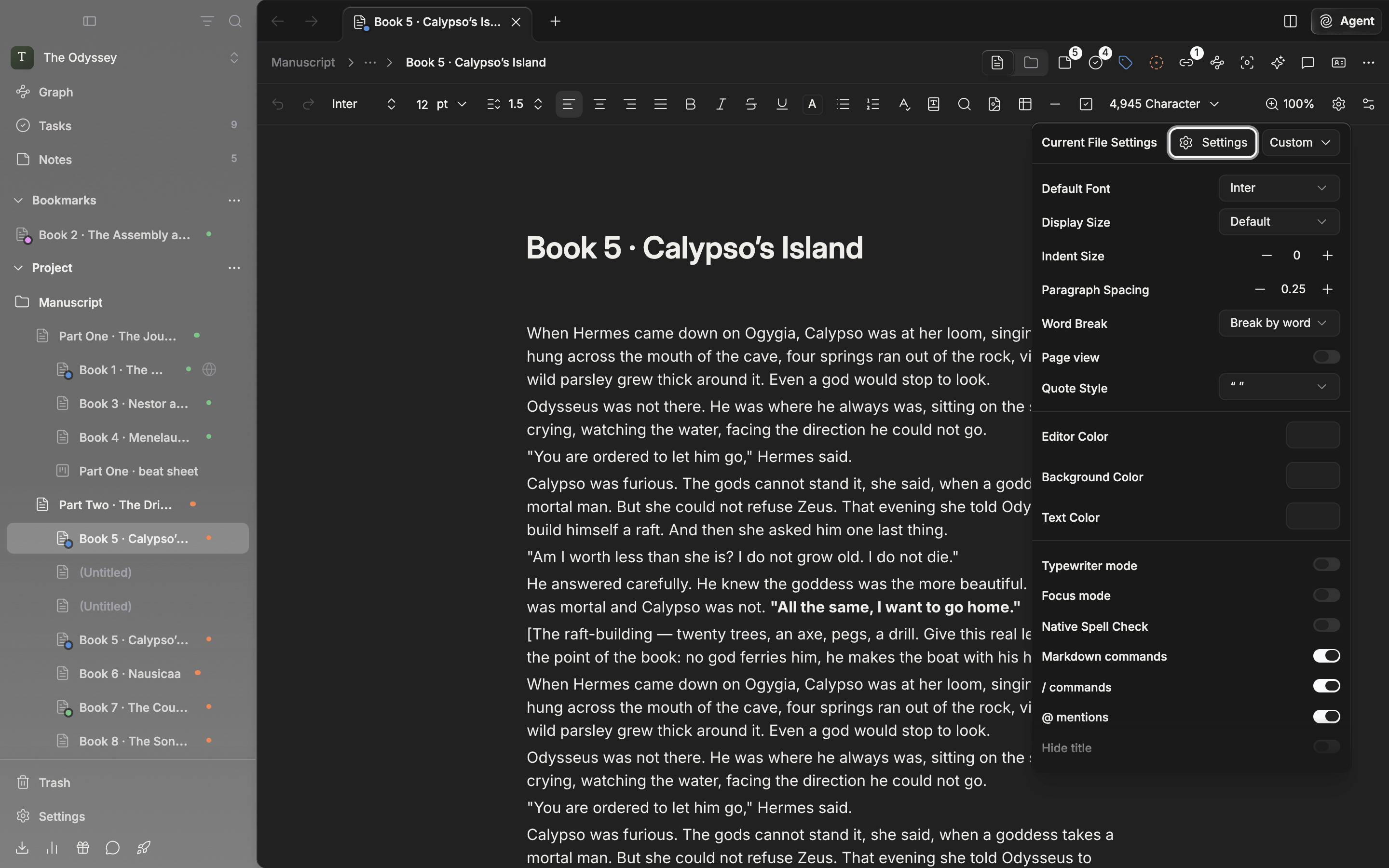 A document with a manuscript in it, the Current File Settings popover opened from the gear button on the toolbar. The Settings button and the preset dropdown sit side by side at the top, with the Default Font and Display Size rows below.