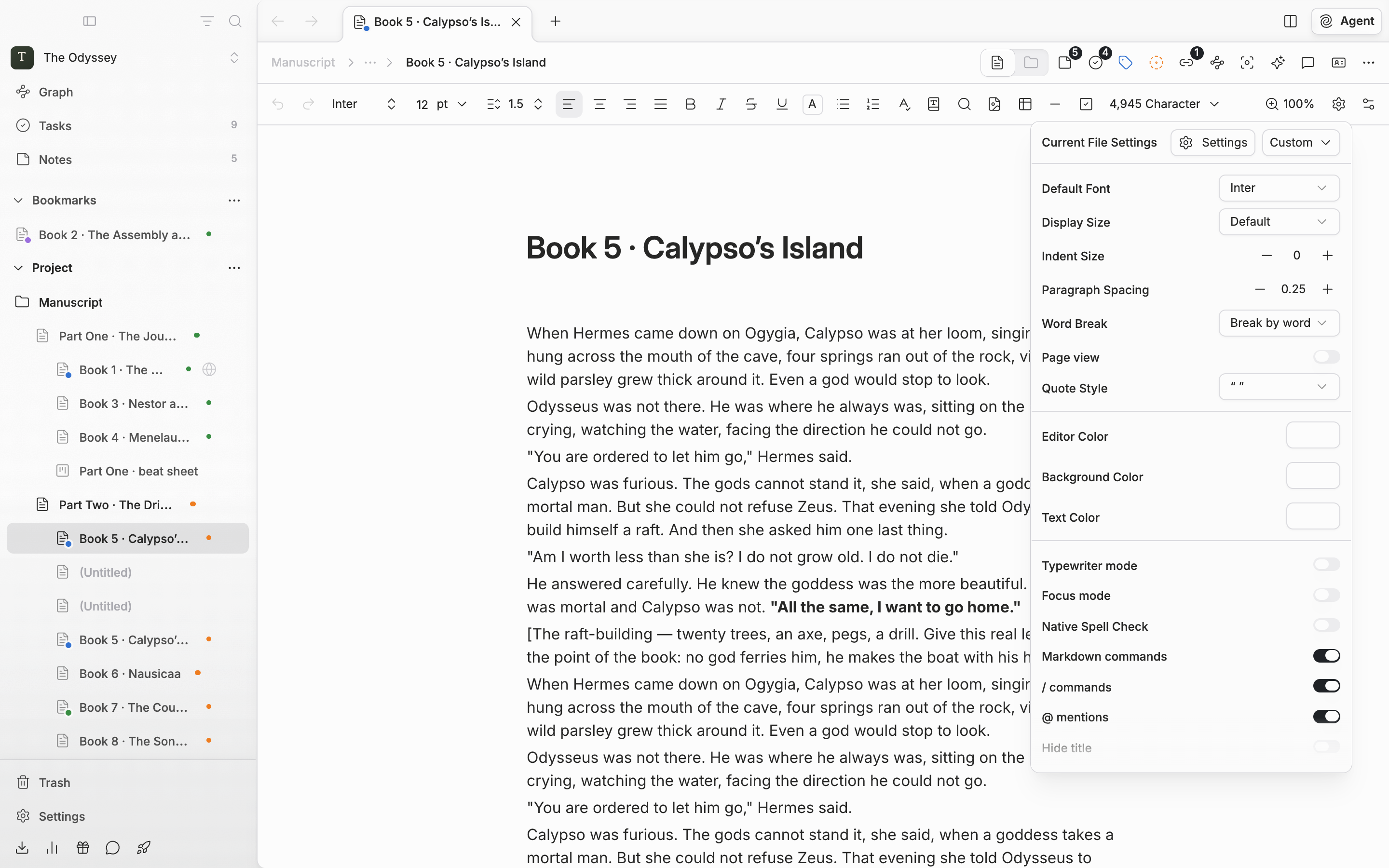 A document with a manuscript in it, the Current File Settings popover opened from the gear button on the toolbar. The Settings button and the preset dropdown sit side by side at the top, with the Default Font and Display Size rows below.