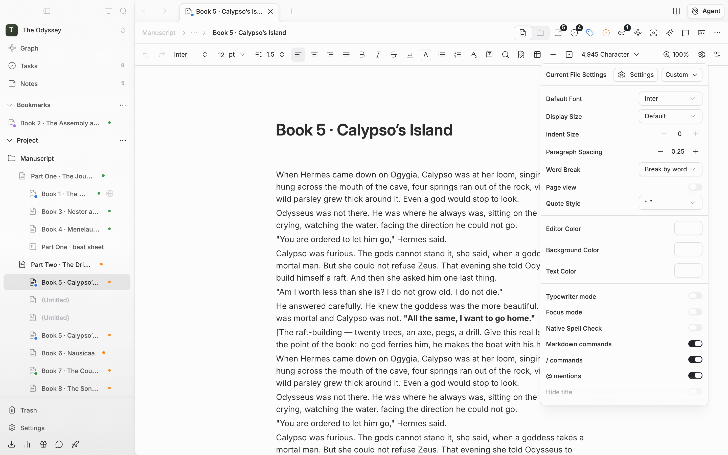 A document with a manuscript in it, the Current File Settings popover opened from the gear button on the toolbar. The Settings button and the preset dropdown sit side by side at the top, with the Default Font and Display Size rows below.