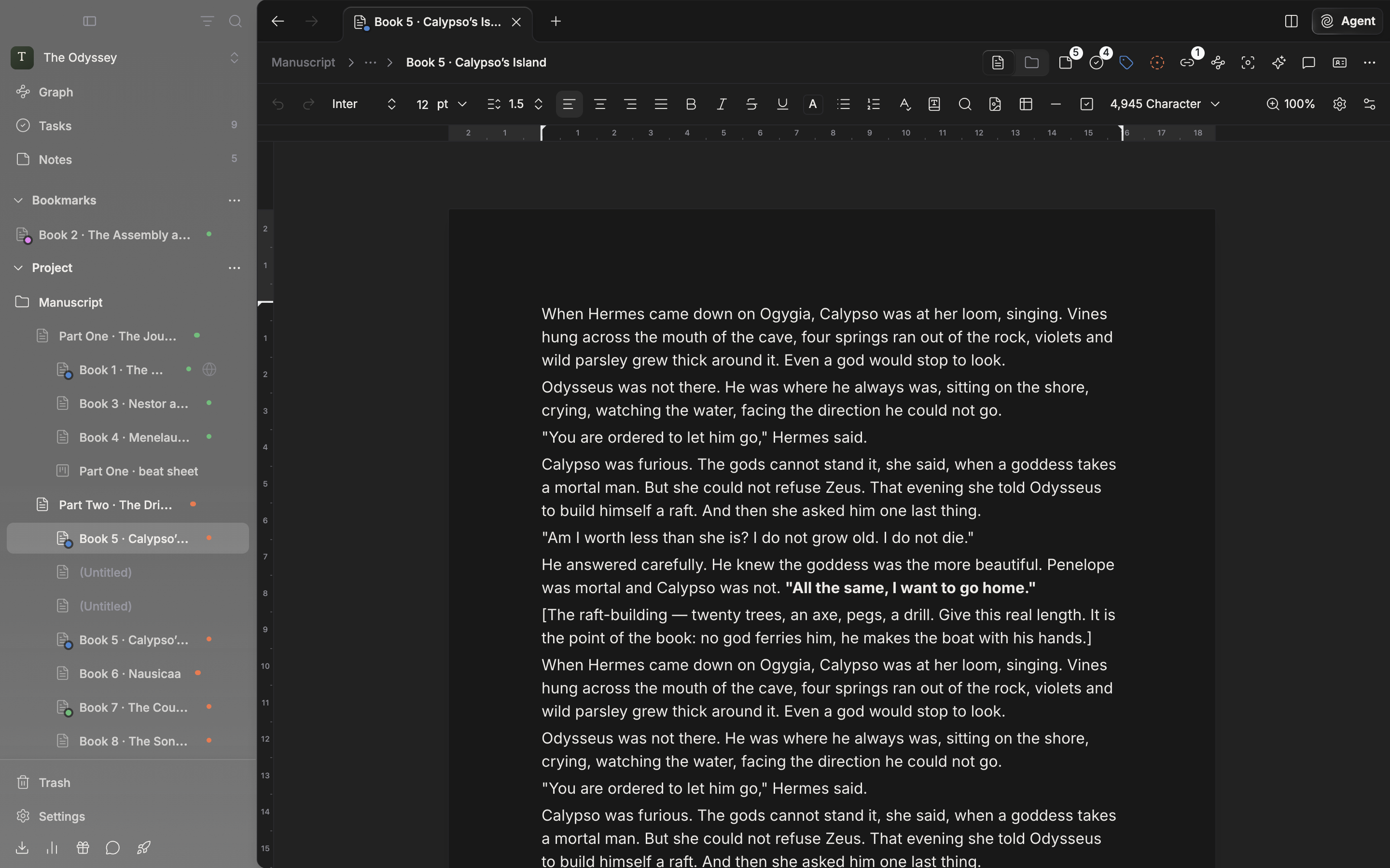 A document with a manuscript in it, page view turned on from Current File Settings and the popover closed. The body reads as cut into printed pages, with the sheet edges and page numbers showing.