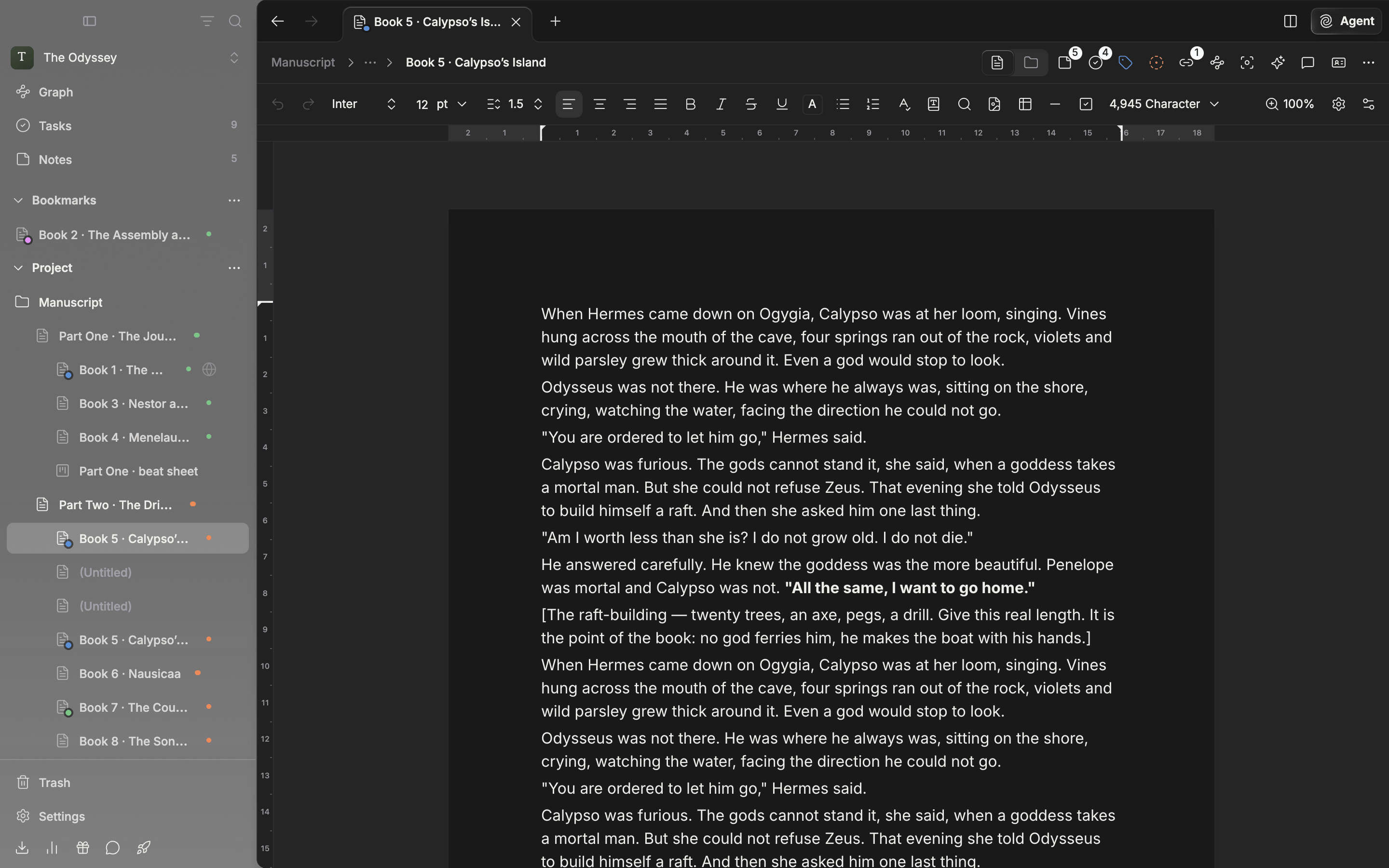 A document with a manuscript in it, page view turned on from Current File Settings and the popover closed. The body reads as cut into printed pages, with the sheet edges and page numbers showing.
