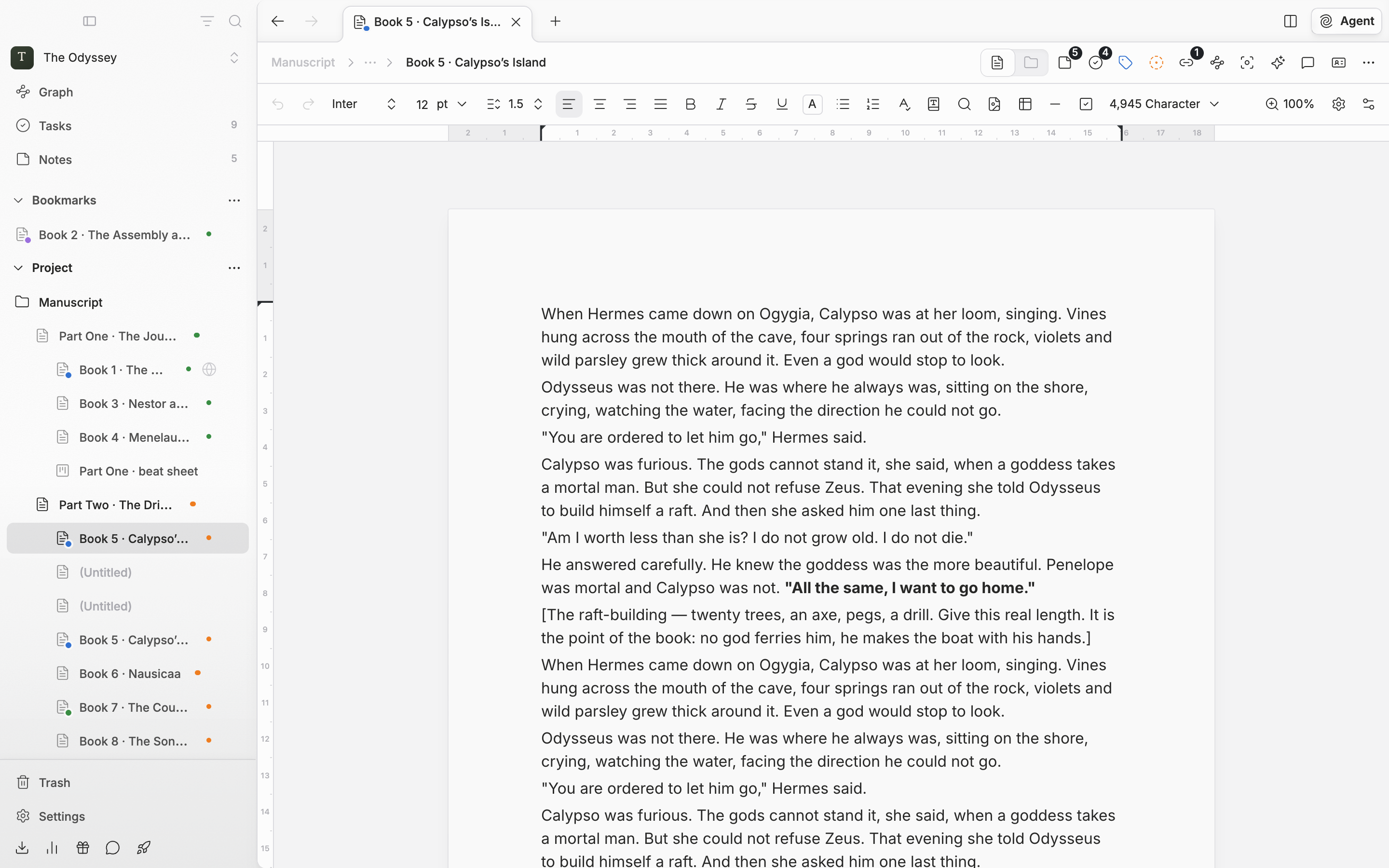 A document with a manuscript in it, page view turned on from Current File Settings and the popover closed. The body reads as cut into printed pages, with the sheet edges and page numbers showing.