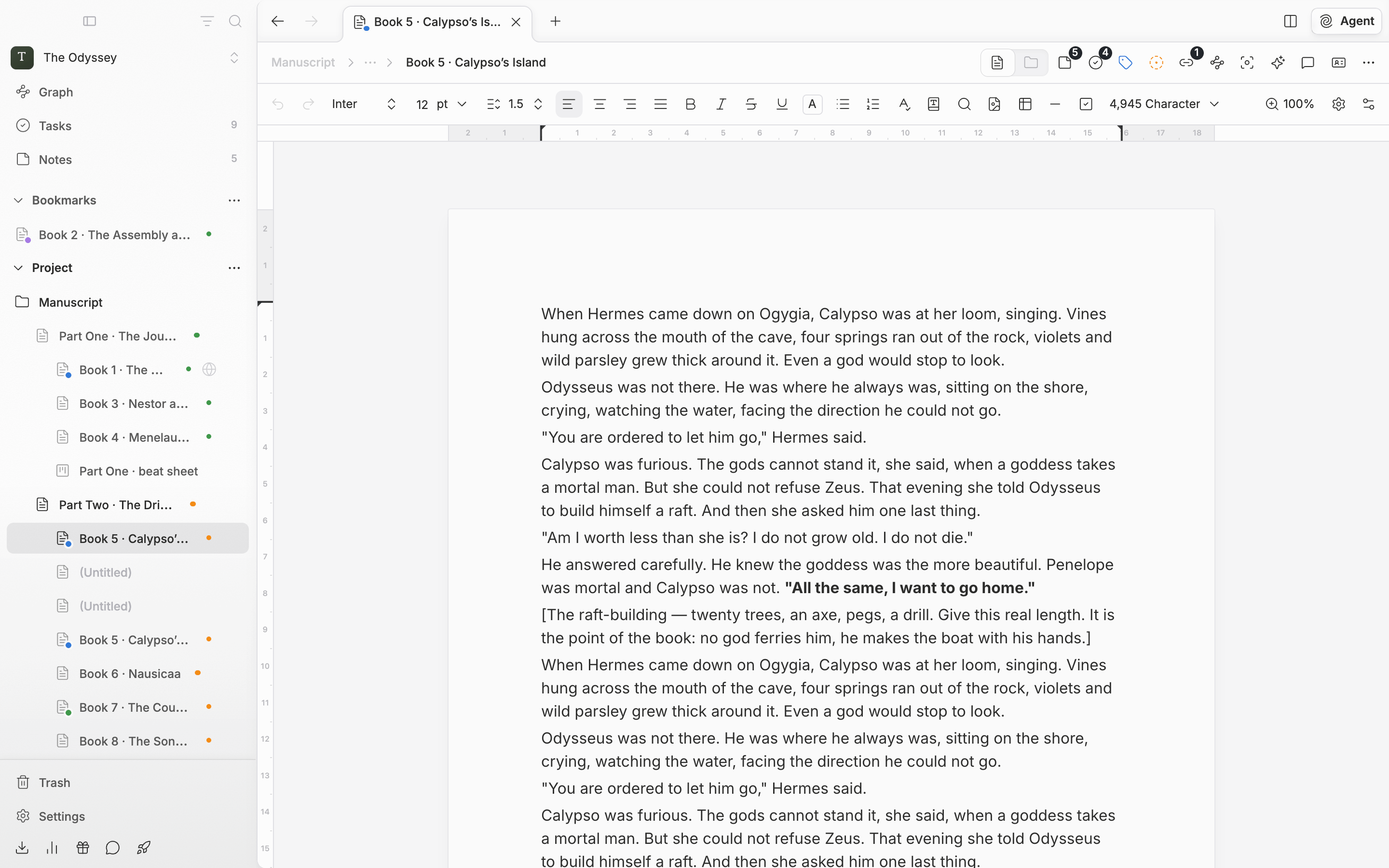 A document with a manuscript in it, page view turned on from Current File Settings and the popover closed. The body reads as cut into printed pages, with the sheet edges and page numbers showing.