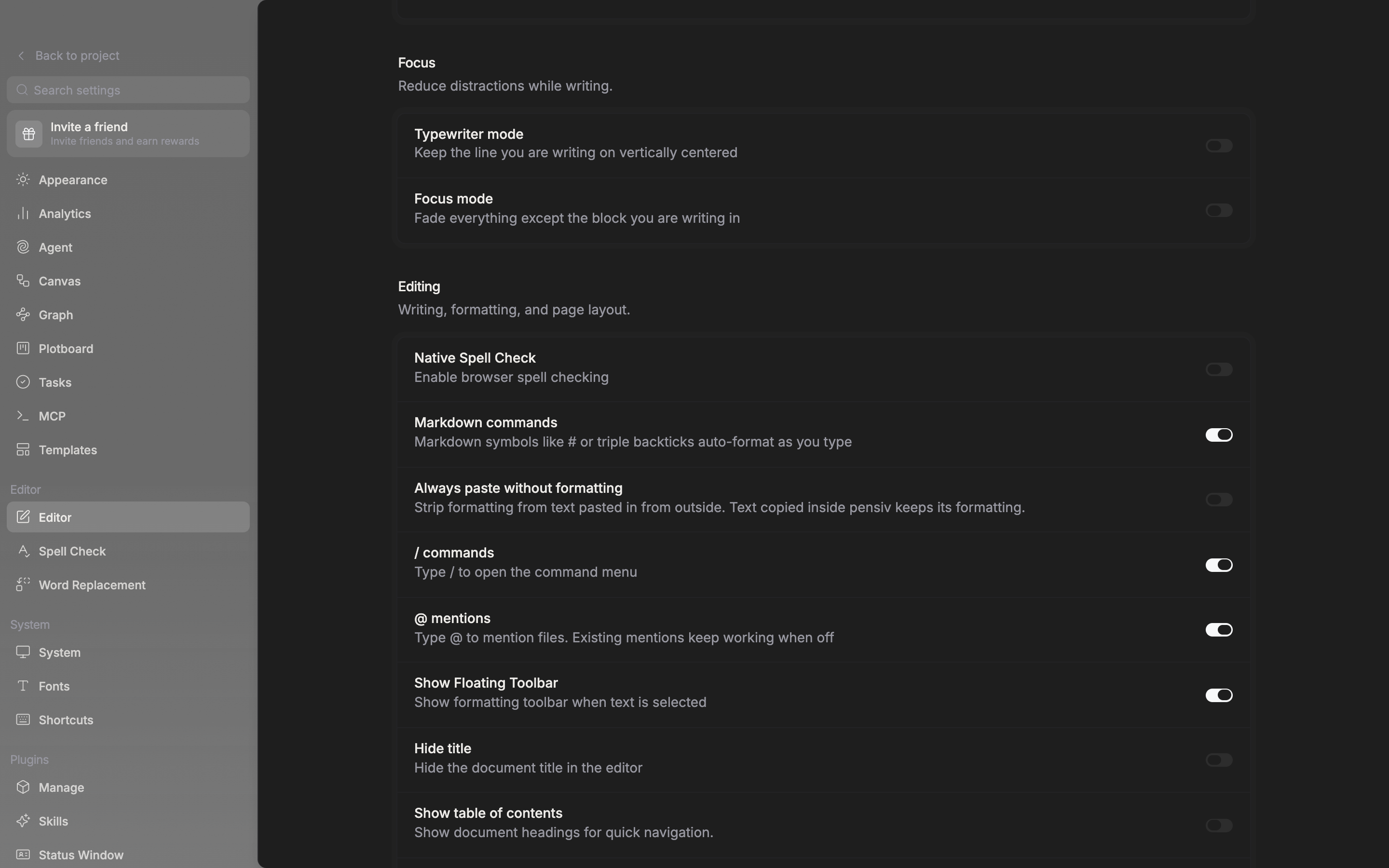 The Editing section in view. The Markdown commands, / commands, and @ mentions rows sit one after another and all switches are on.