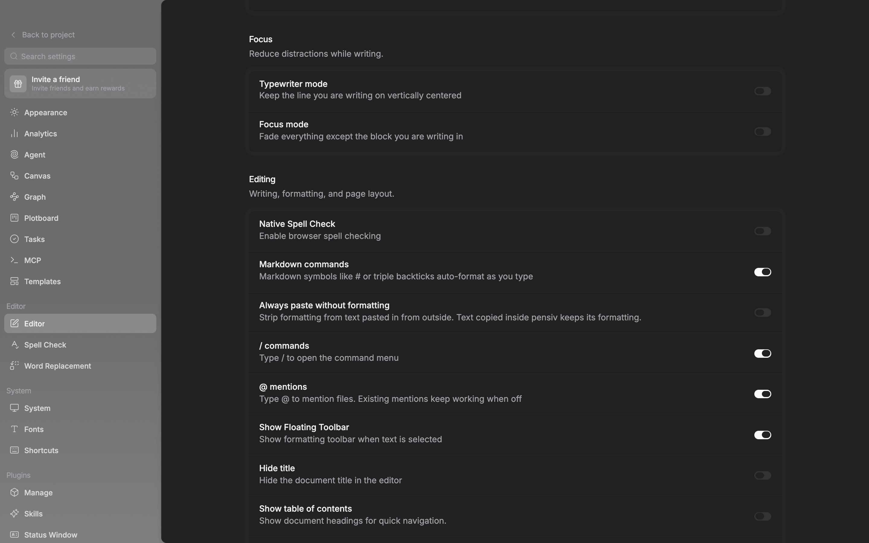 The Editing section in view. The Markdown commands, / commands, and @ mentions rows sit one after another and all switches are on.