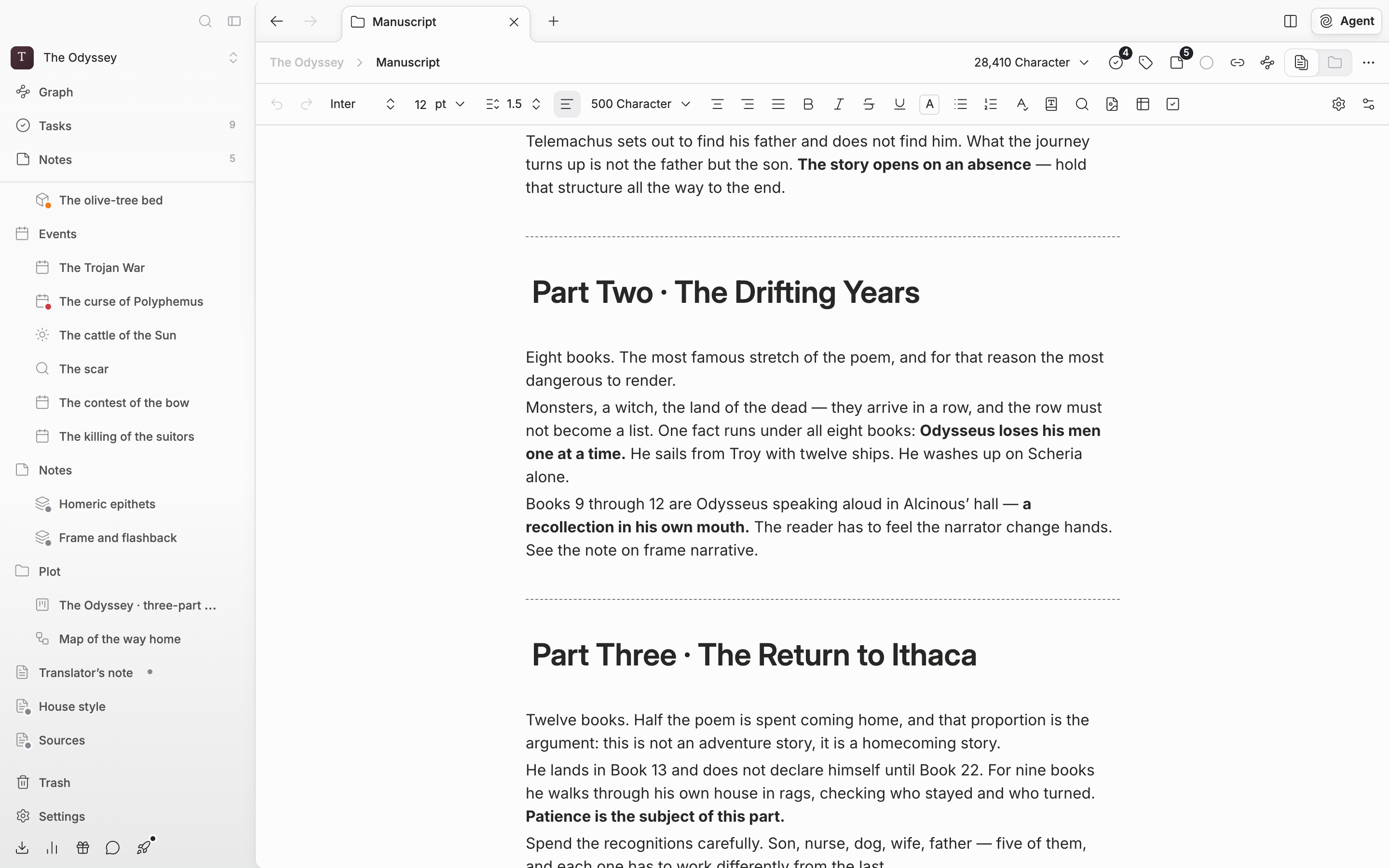 A folder holding three or more documents opened and switched to file view. The bodies of several chapters run on in one scroll with the boundaries between chapters visible, and the number picked or the combined character count is caught at the top.