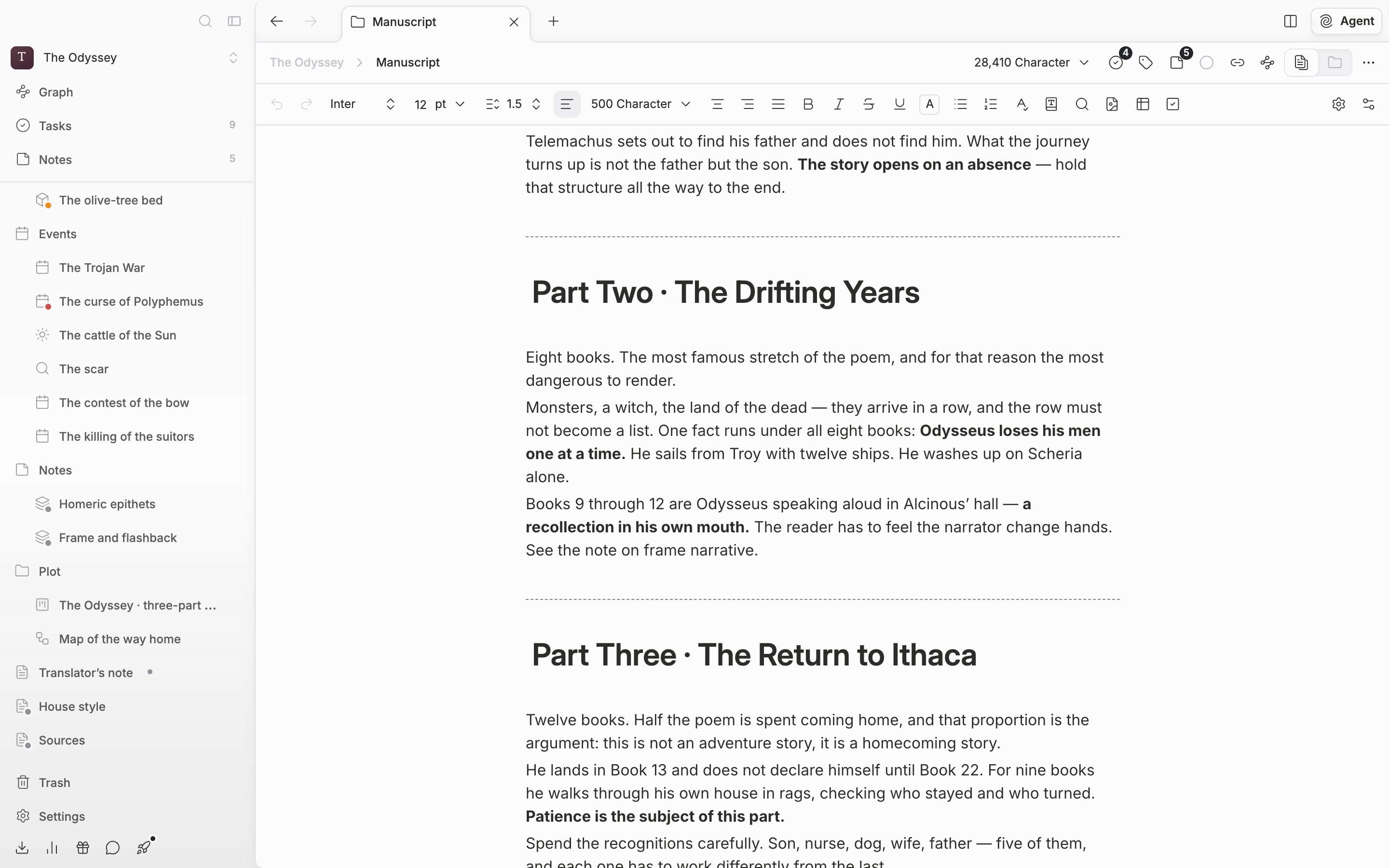 A folder holding three or more documents opened and switched to file view. The bodies of several chapters run on in one scroll with the boundaries between chapters visible, and the number picked or the combined character count is caught at the top.