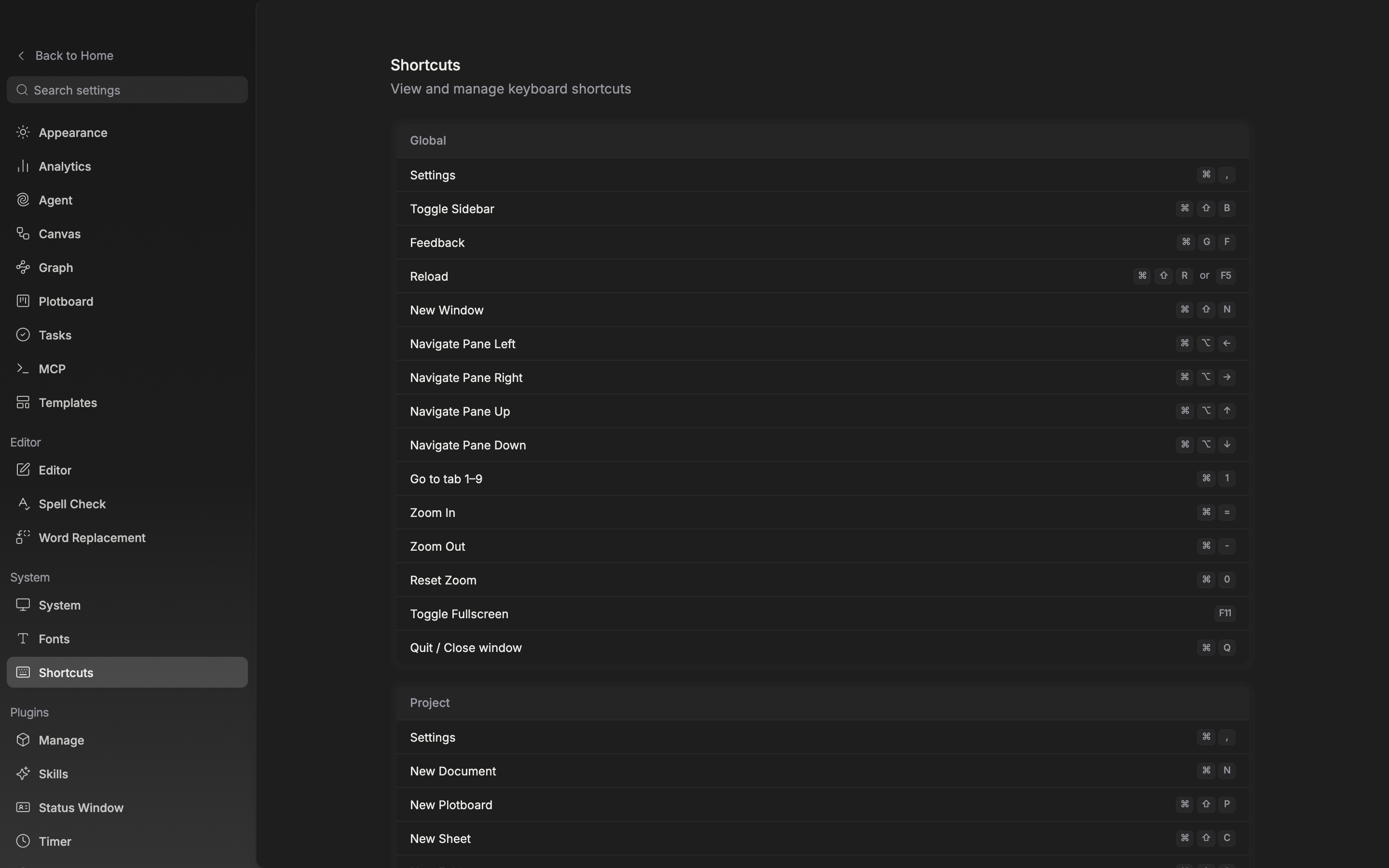 The Shortcuts tab in settings. The Global card at the top is fully in view and the first few rows of the Project card below it are caught at the edge. The language is English.
