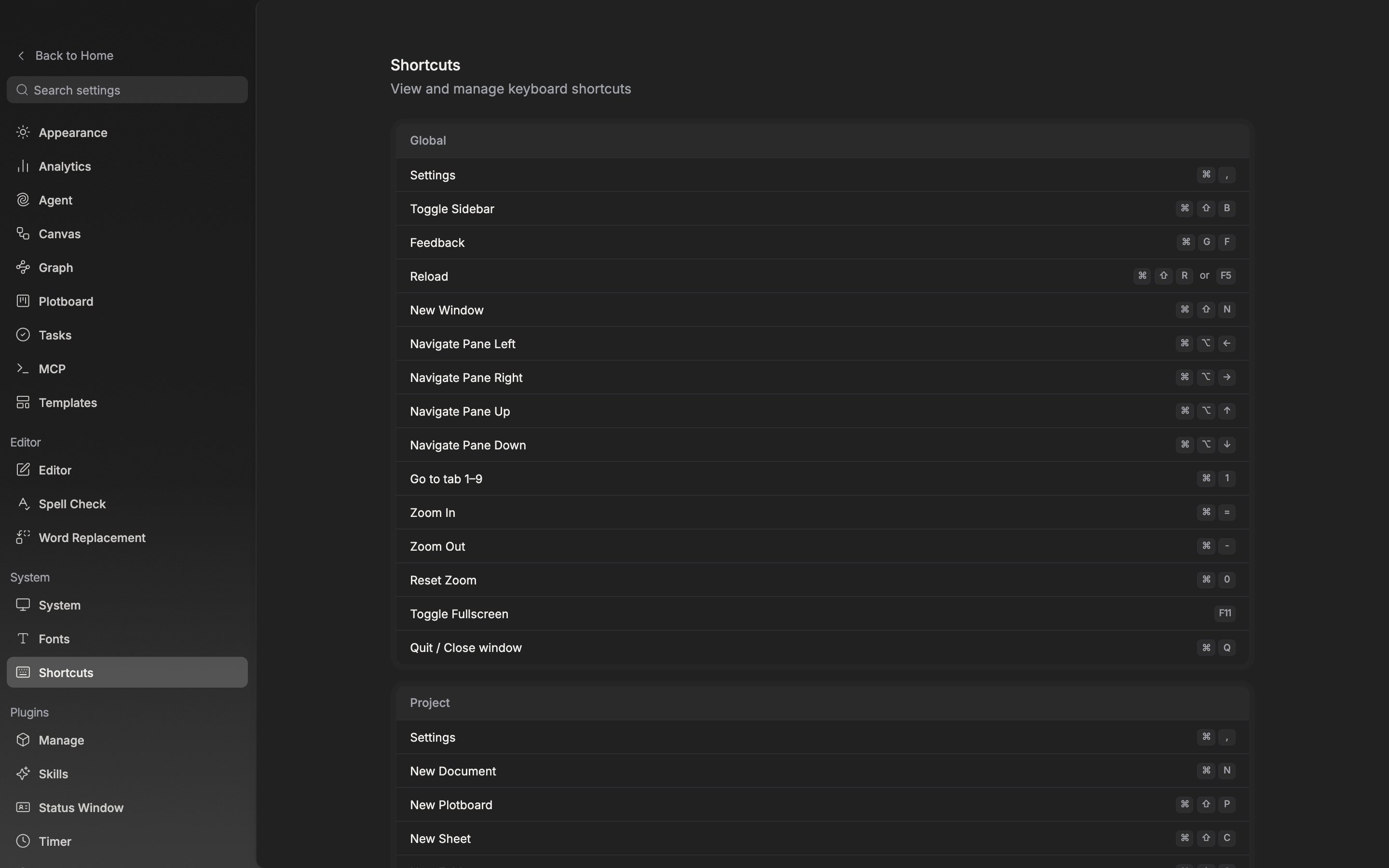 The Shortcuts tab in settings. The Global card at the top is fully in view and the first few rows of the Project card below it are caught at the edge. The language is English.