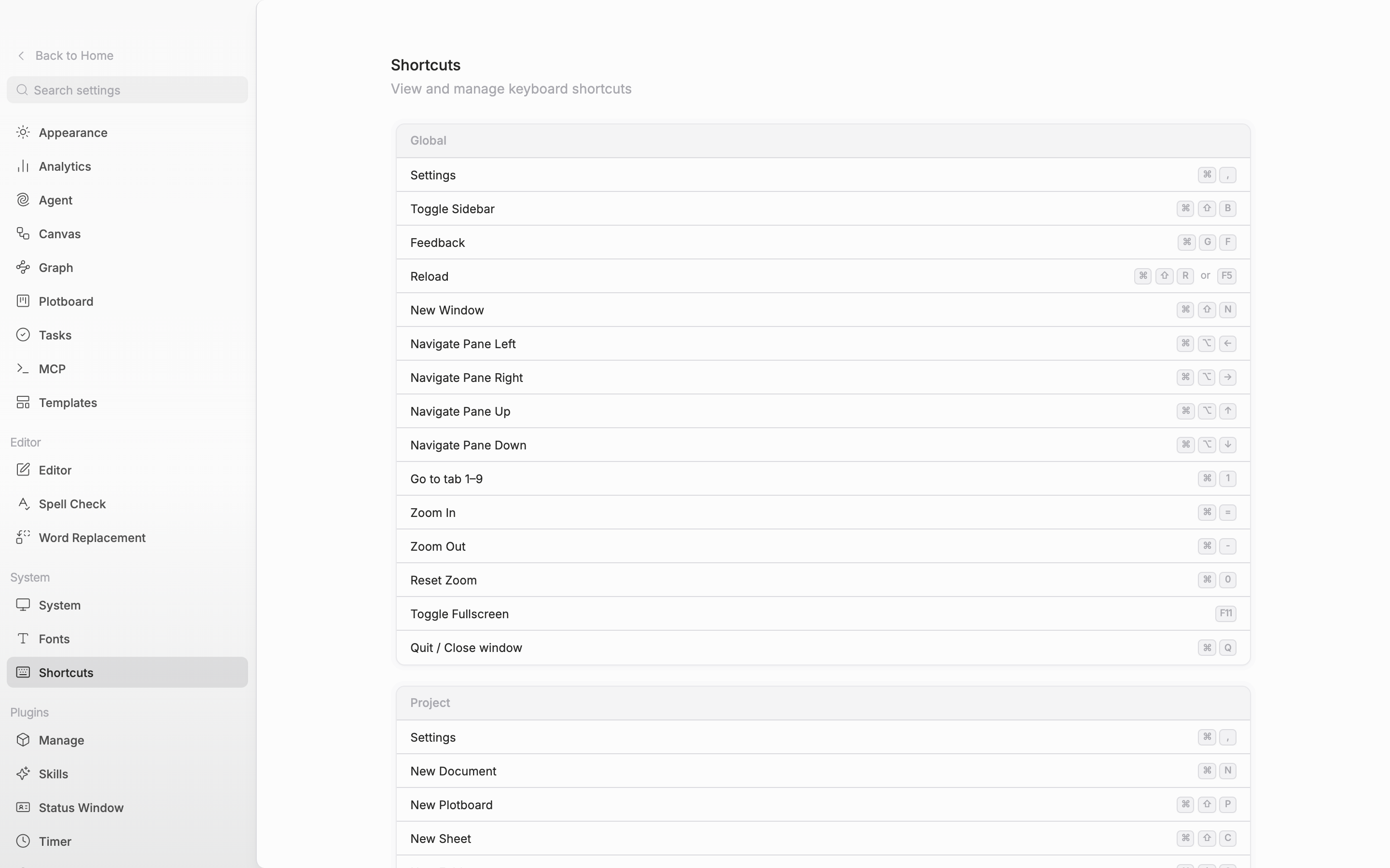 The Shortcuts tab in settings. The Global card at the top is fully in view and the first few rows of the Project card below it are caught at the edge. The language is English.