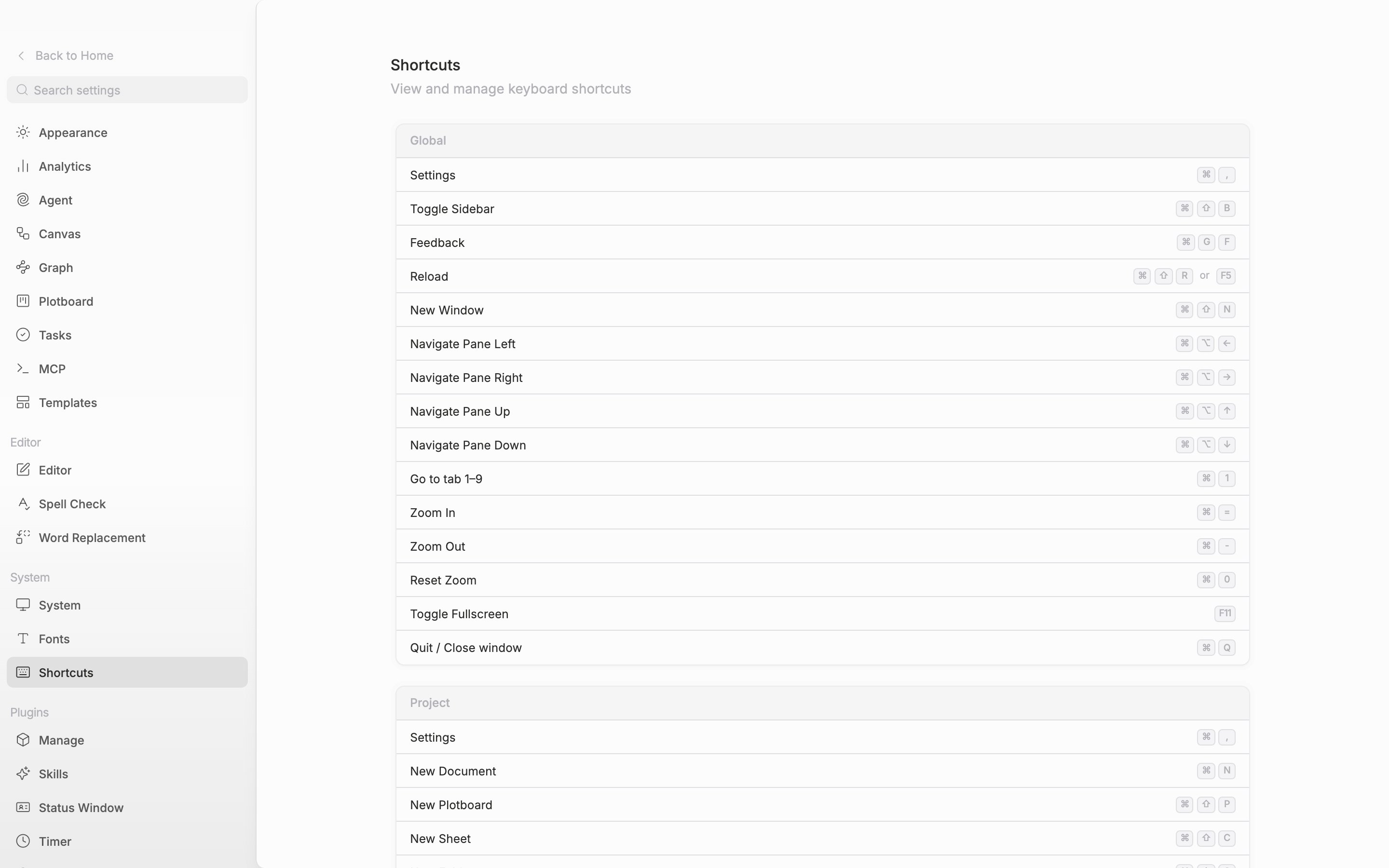The Shortcuts tab in settings. The Global card at the top is fully in view and the first few rows of the Project card below it are caught at the edge. The language is English.