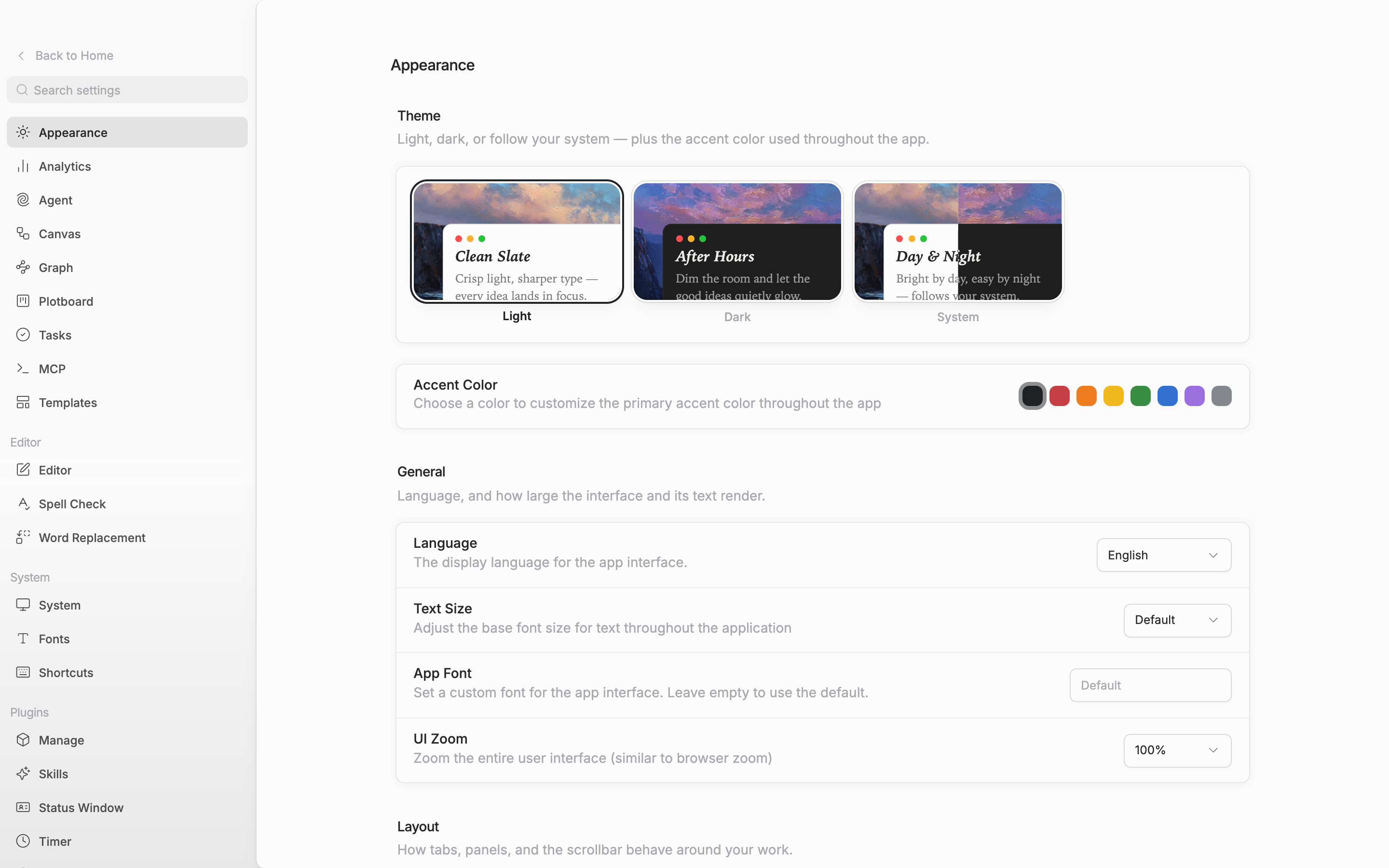 The top of the page. The three Light, Dark, and System preview images in the “Theme” section all fit on one row, and the currently chosen tile shows a border and a bold label. The “Accent Color” row below is visible too.