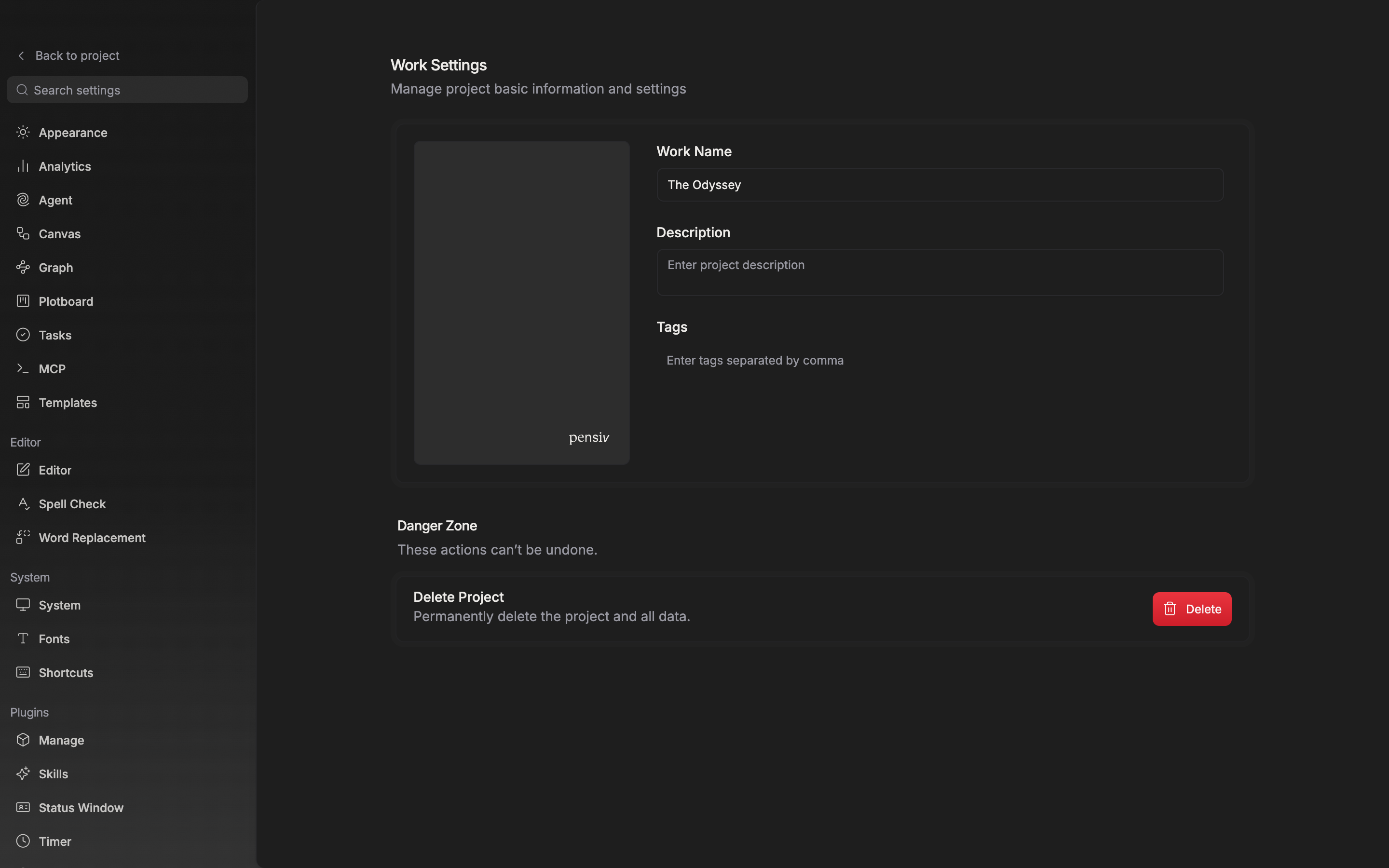 The “Danger Zone” card at the bottom of the project settings tab. The Delete Project row and the red delete button must be in frame.