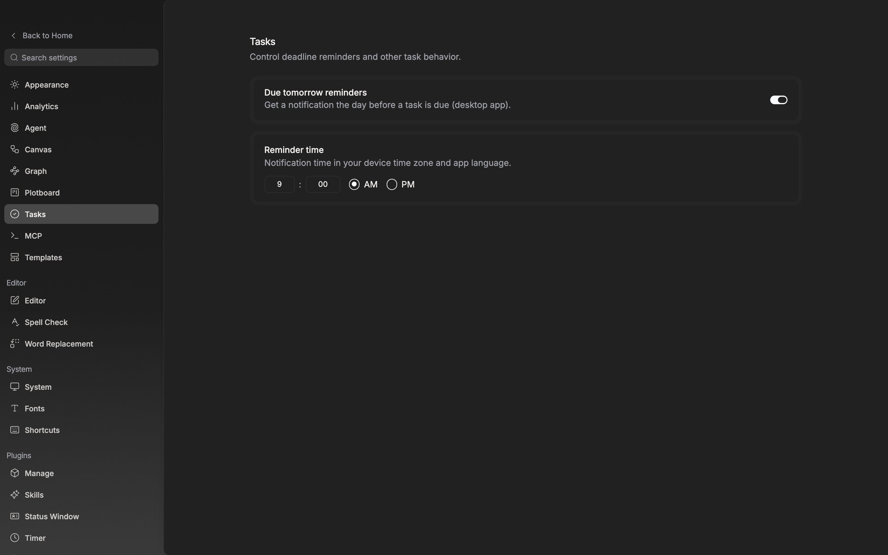 The âDue tomorrow remindersâ toggle is on and âReminder timeâ below it is filled in as 9:00 AM.