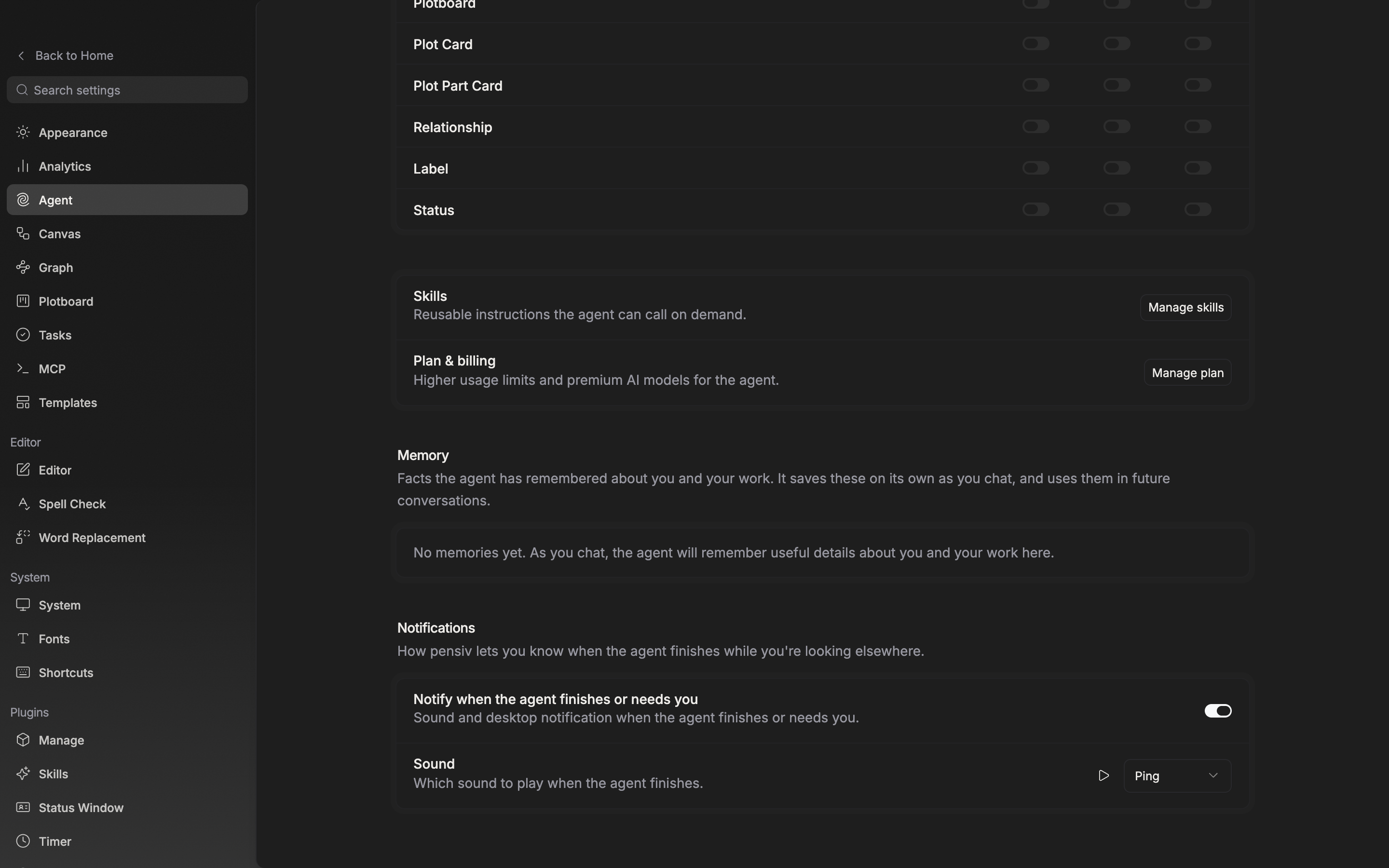 The “Notifications” section is in frame with “Notify when the agent finishes or needs you” turned on, and the “Sound” row and its dropdown visible below.
