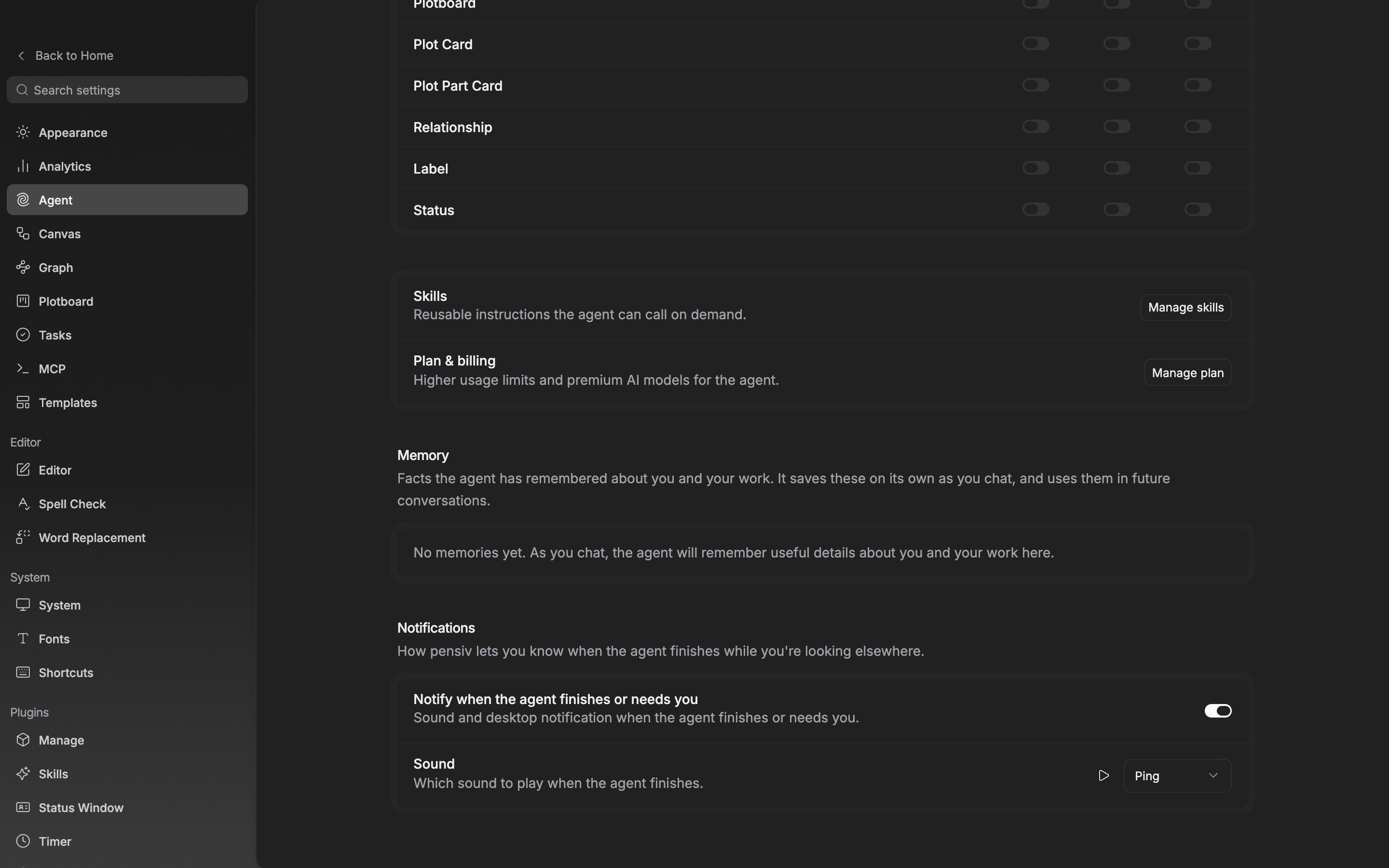 The âNotificationsâ section is in frame with âNotify when the agent finishes or needs youâ turned on, and the âSoundâ row and its dropdown visible below.