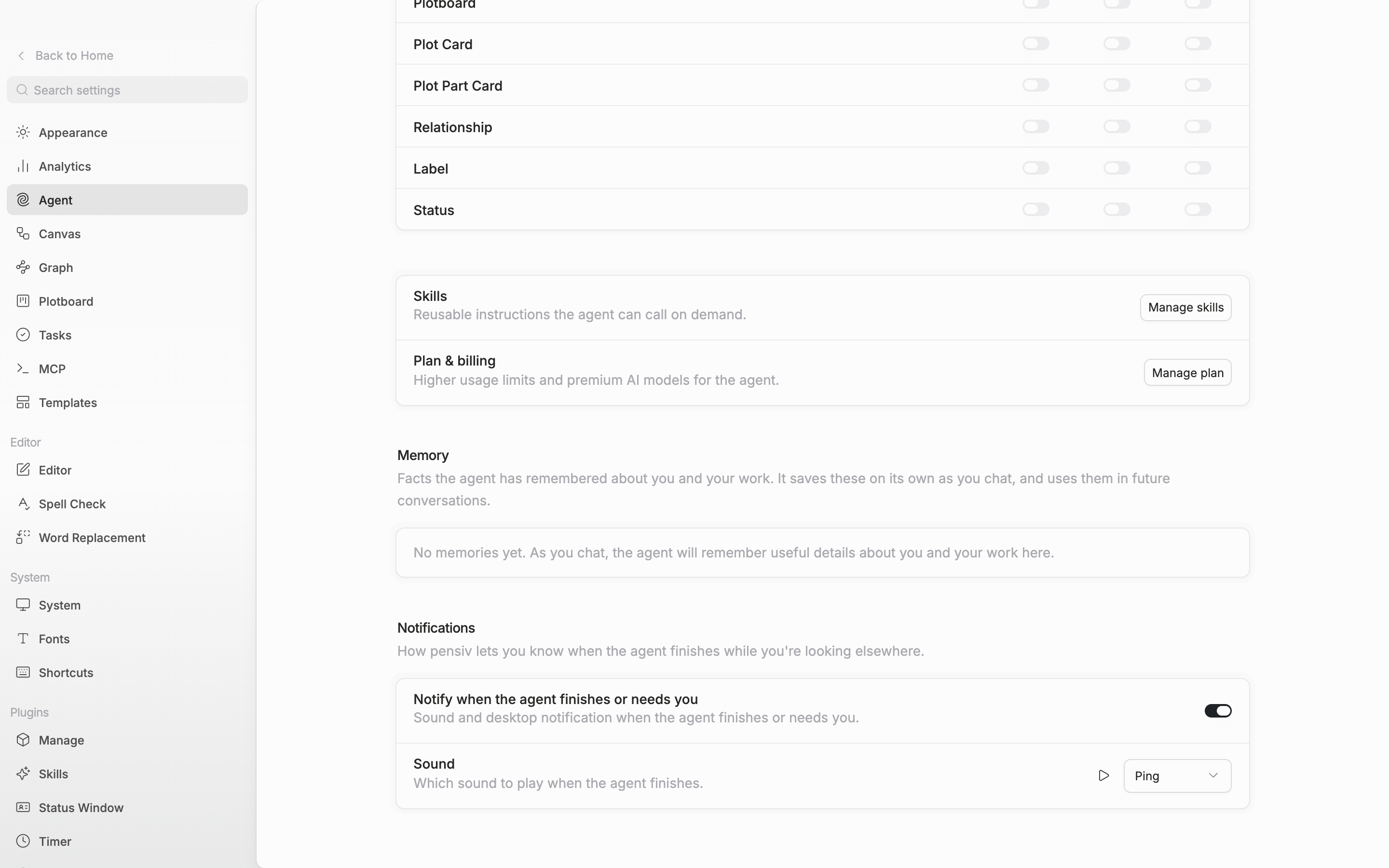 The “Notifications” section is in frame with “Notify when the agent finishes or needs you” turned on, and the “Sound” row and its dropdown visible below.