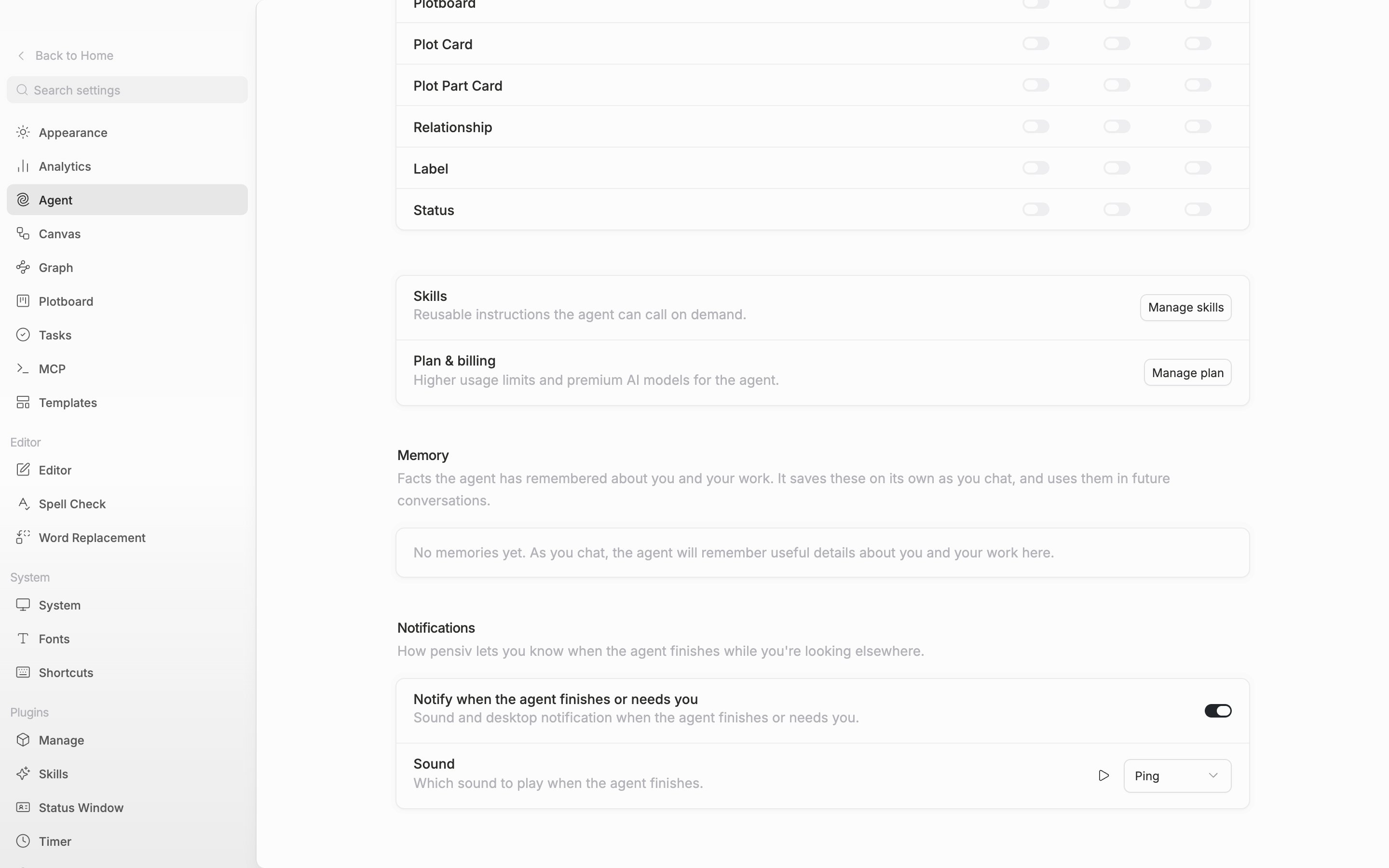 The âNotificationsâ section is in frame with âNotify when the agent finishes or needs youâ turned on, and the âSoundâ row and its dropdown visible below.