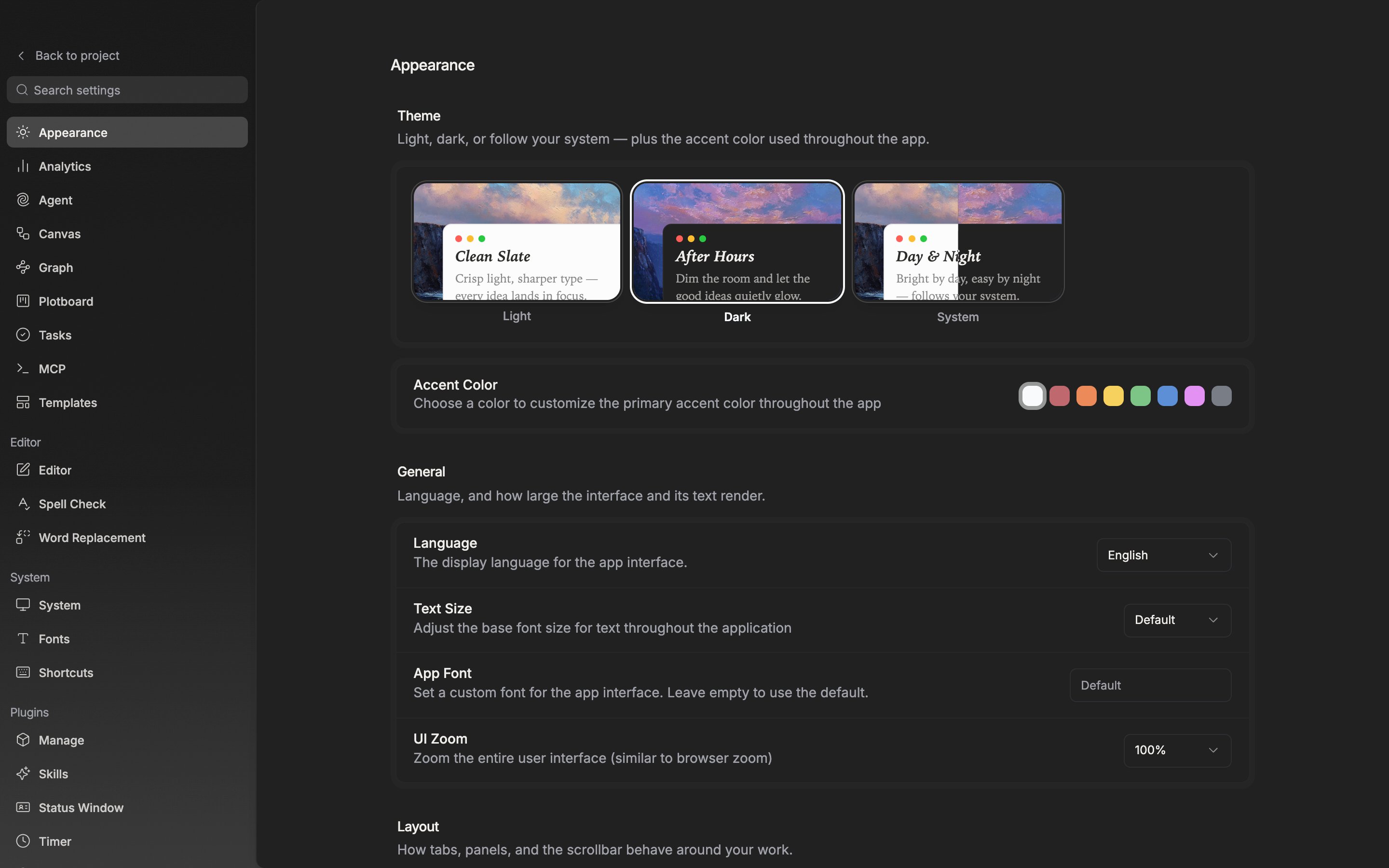 Settings entered with a project open, showing the whole sidebar. Everything from Appearance at the top through the Editor, System, Plugins, Project, and Workspace labels is uncut, and the rows for enabled plugins show inside the Plugins group.