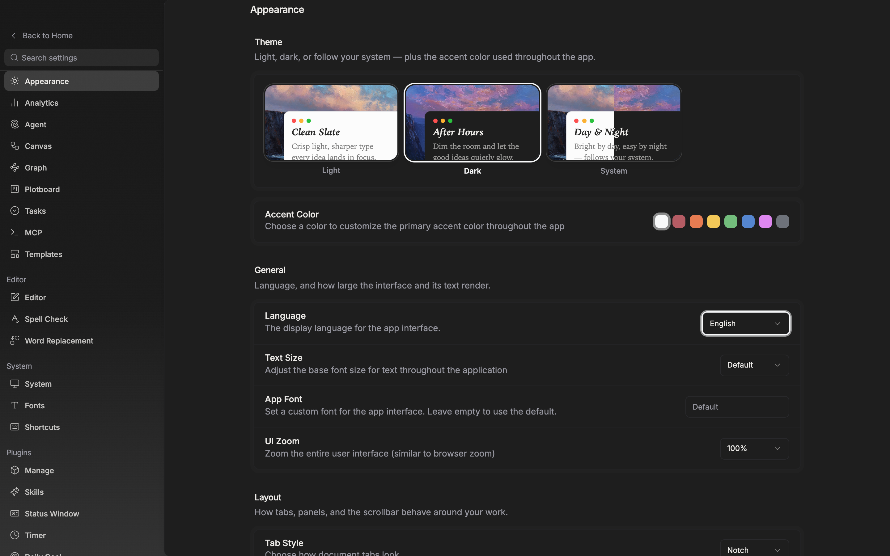 The top of the Appearance tab. All three Light, Dark, and System tiles are visible with one of them selected and its border highlighted. The eight color swatches on the Accent Color row just below are uncut.
