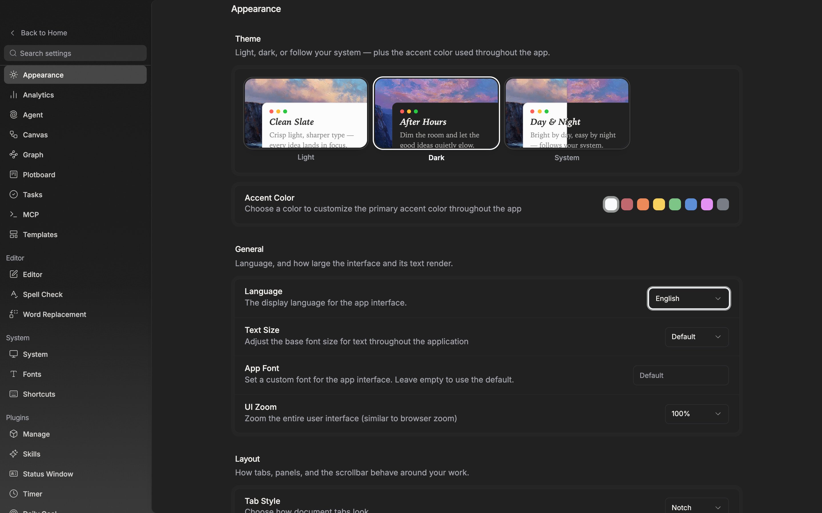 The top of the Appearance tab. All three Light, Dark, and System tiles are visible with one of them selected and its border highlighted. The eight color swatches on the Accent Color row just below are uncut.