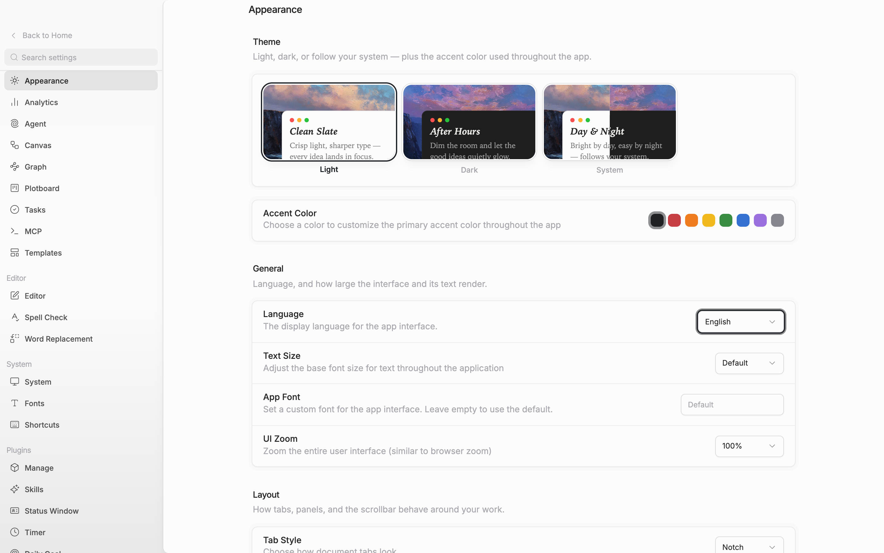 The top of the Appearance tab. All three Light, Dark, and System tiles are visible with one of them selected and its border highlighted. The eight color swatches on the Accent Color row just below are uncut.