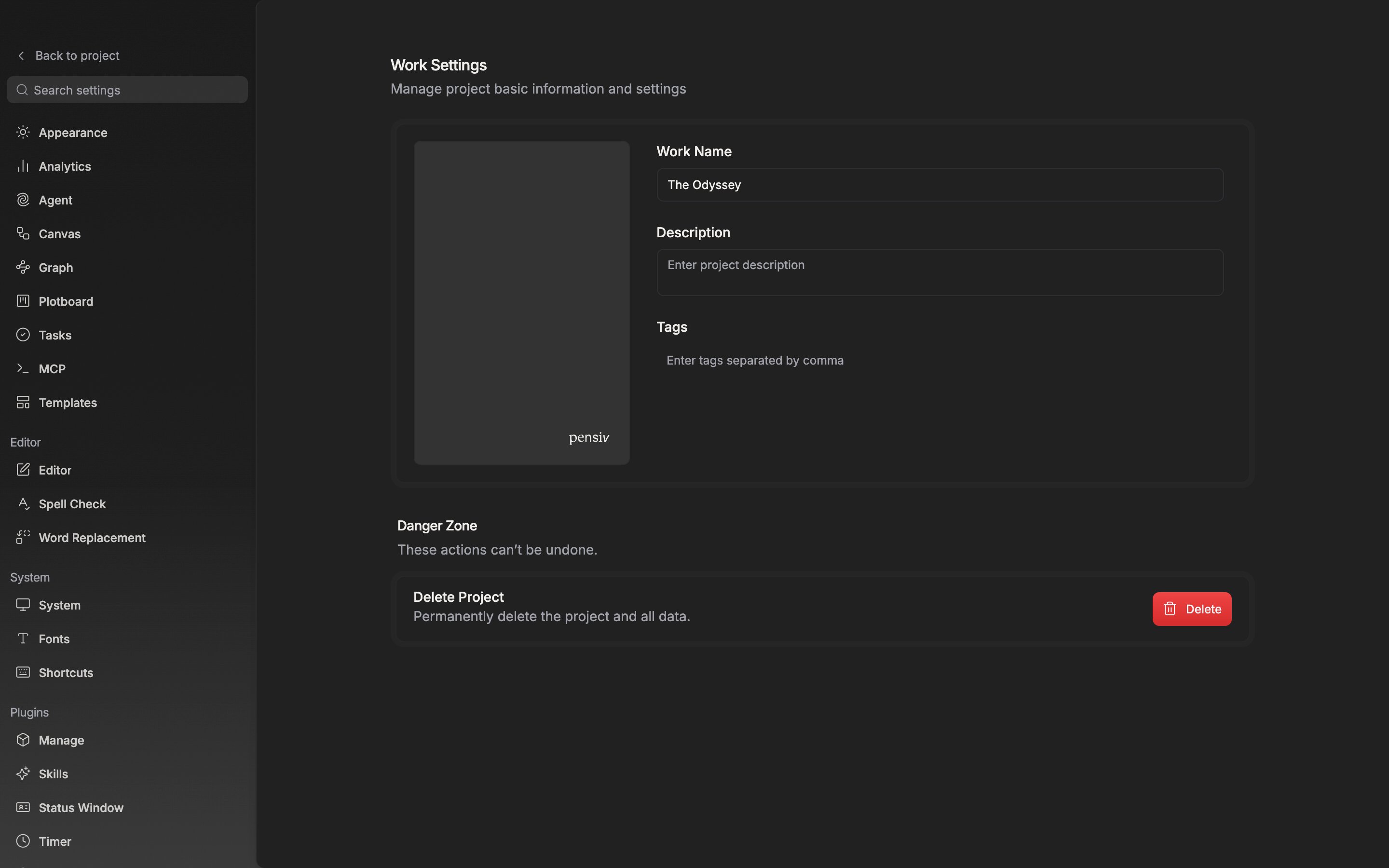 The whole Project tab. A cover image sits in the tall cover slot on the left, and the three fields Work Name, Description, and Tags are in frame on the right. Two or three tags attached as badges would be good.