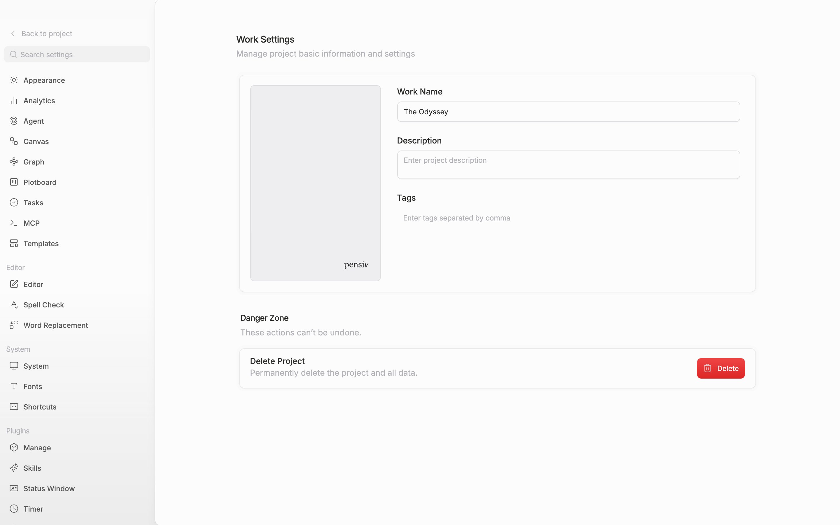 The whole Project tab. A cover image sits in the tall cover slot on the left, and the three fields Work Name, Description, and Tags are in frame on the right. Two or three tags attached as badges would be good.